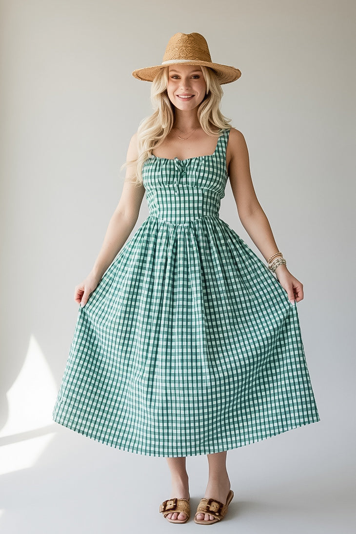 Just Imagine Green Gingham Midi Dress