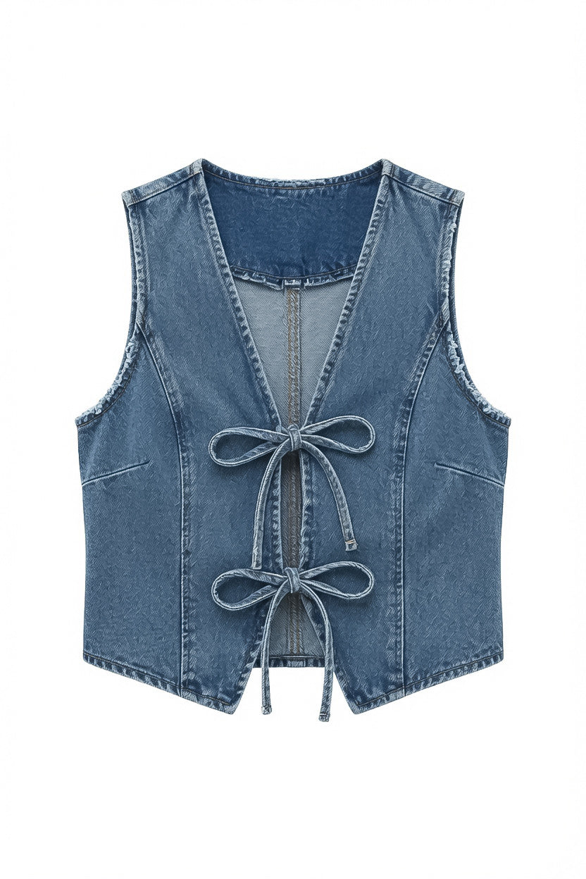 A sleeveless blue denim vest with a tie-front closure, shown flat against a plain white background.