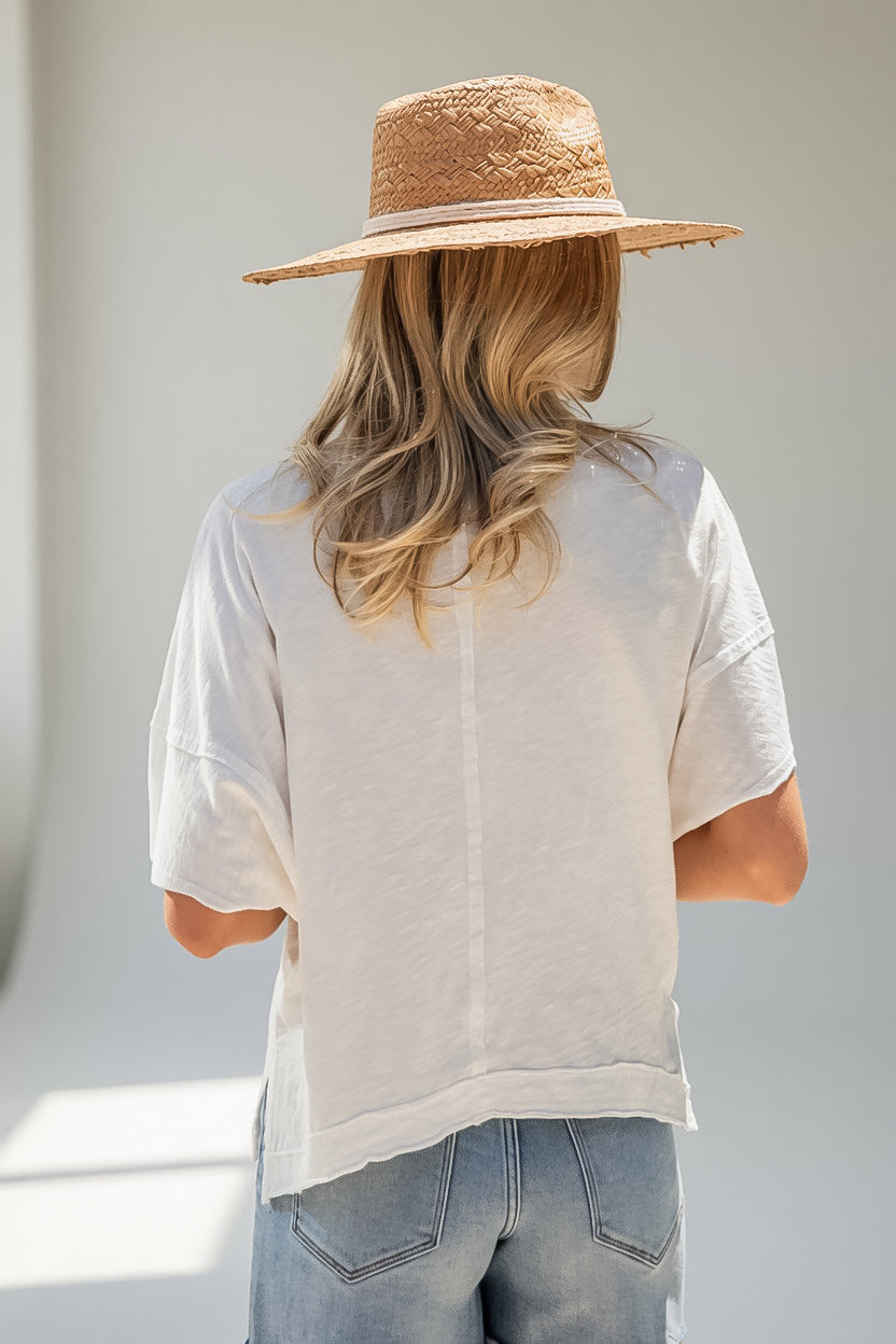 A woman viewed from behind wearing a cream-colored short-sleeve t-shirt, light-wash blue jeans, and a straw hat against a bright, neutral background.