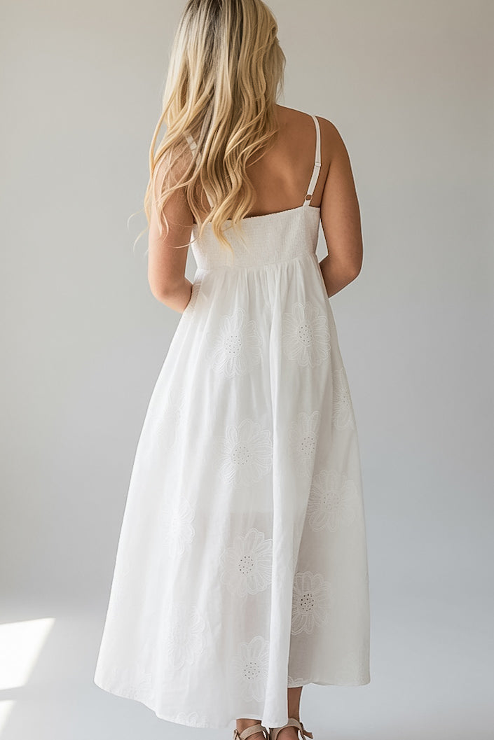 A woman viewed from behind wearing a white midi dress with thin straps and subtle floral embroidery, standing against a plain light gray background.
