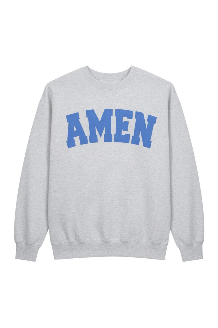 A light heather gray crewneck sweatshirt featuring the word &