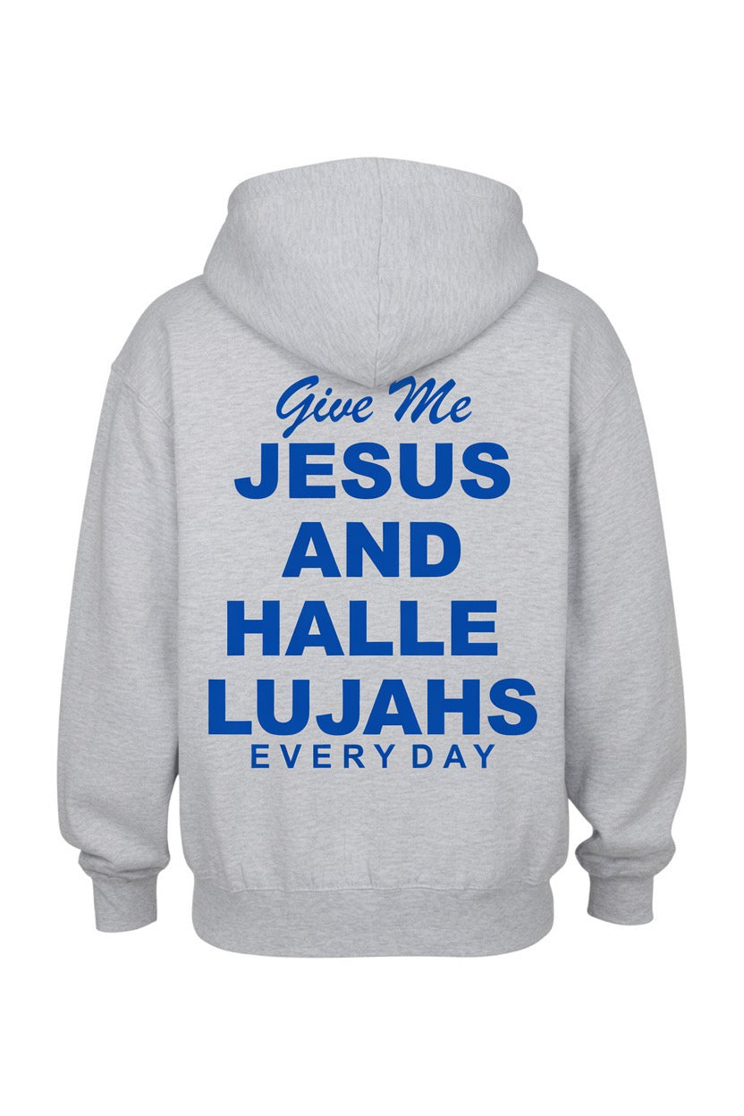 A light gray heather pullover hoodie shown from the back, featuring a bold blue text graphic that reads &