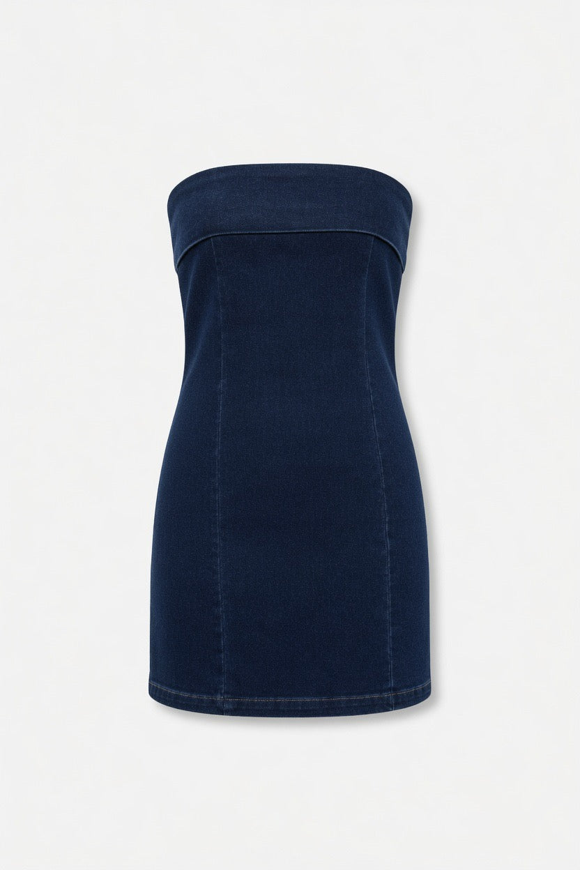 A dark navy blue strapless tube dress with a structured, fitted silhouette, shown against a plain light gray background.