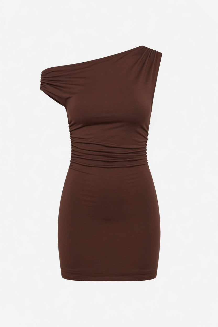A dark brown one-shoulder bodycon mini dress with ruched detailing at the shoulder and waist, shown against a plain white background.
