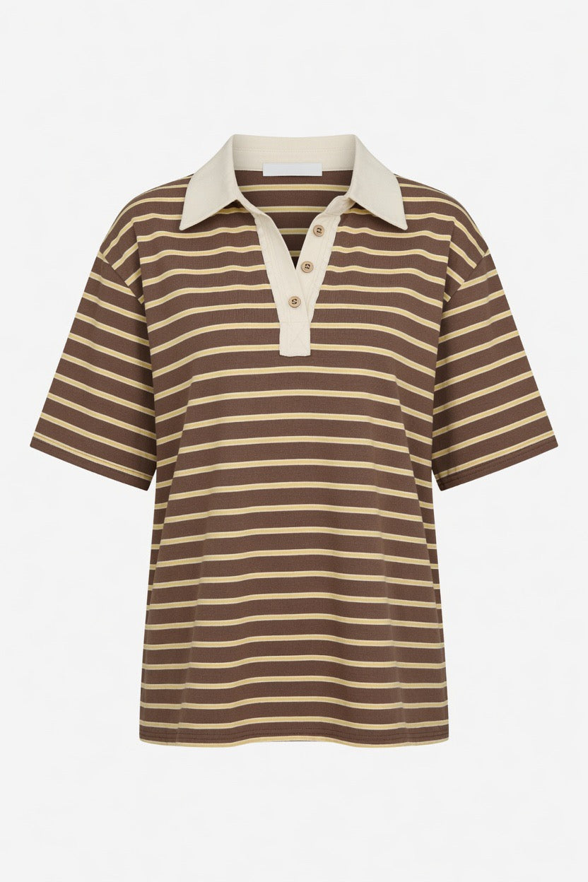 A short-sleeve polo shirt with horizontal brown and beige stripes, featuring a solid beige collar and a three-button placket, shown against a plain white background.