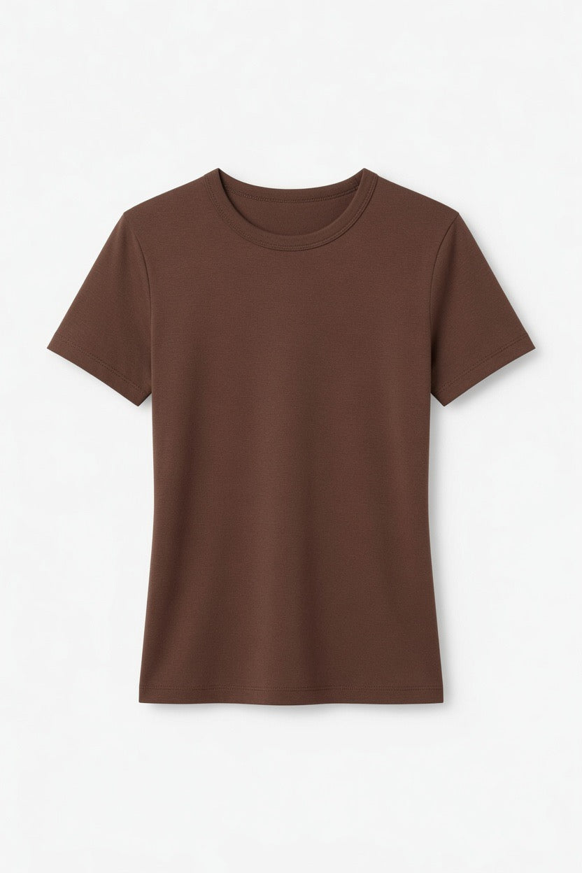 A plain brown short-sleeve crewneck t-shirt displayed flat against a clean white background.