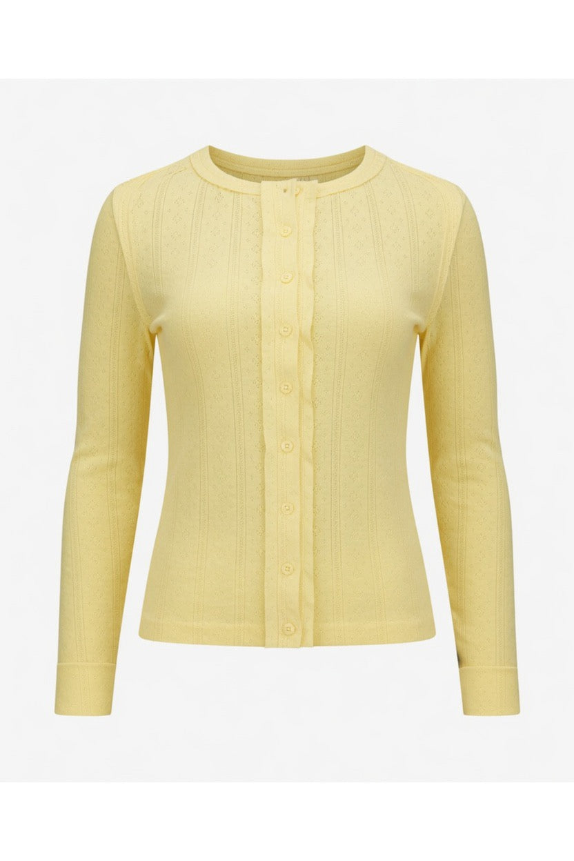 A pale yellow ribbed knit cardigan sweater with long sleeves and a button-up front, displayed on a clean white background.