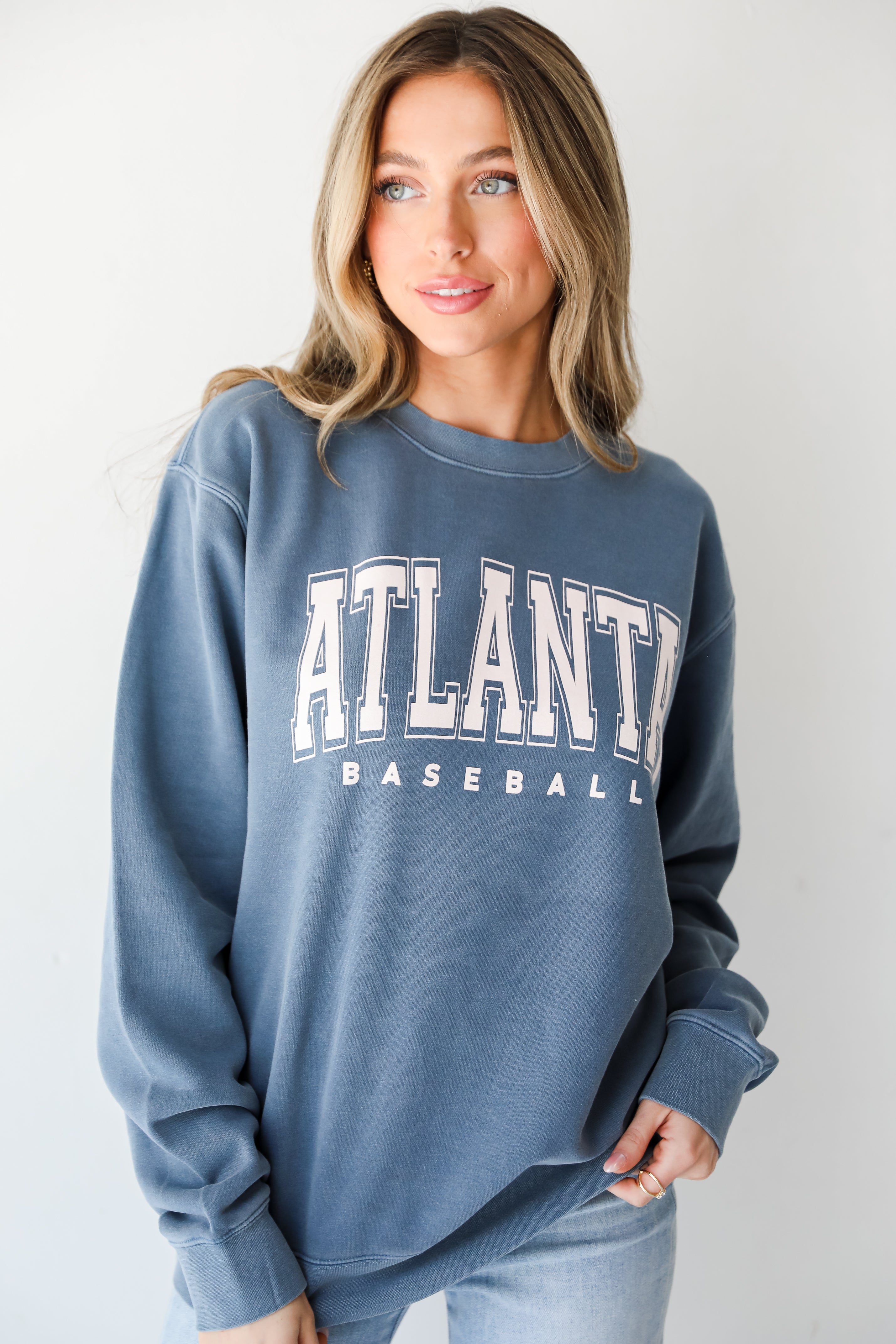 Denim Atlanta Baseball Block Letter Pullover. Braves Sweatshirt. Braves Game Day Outfit. Comfy Sports Sweatshirt