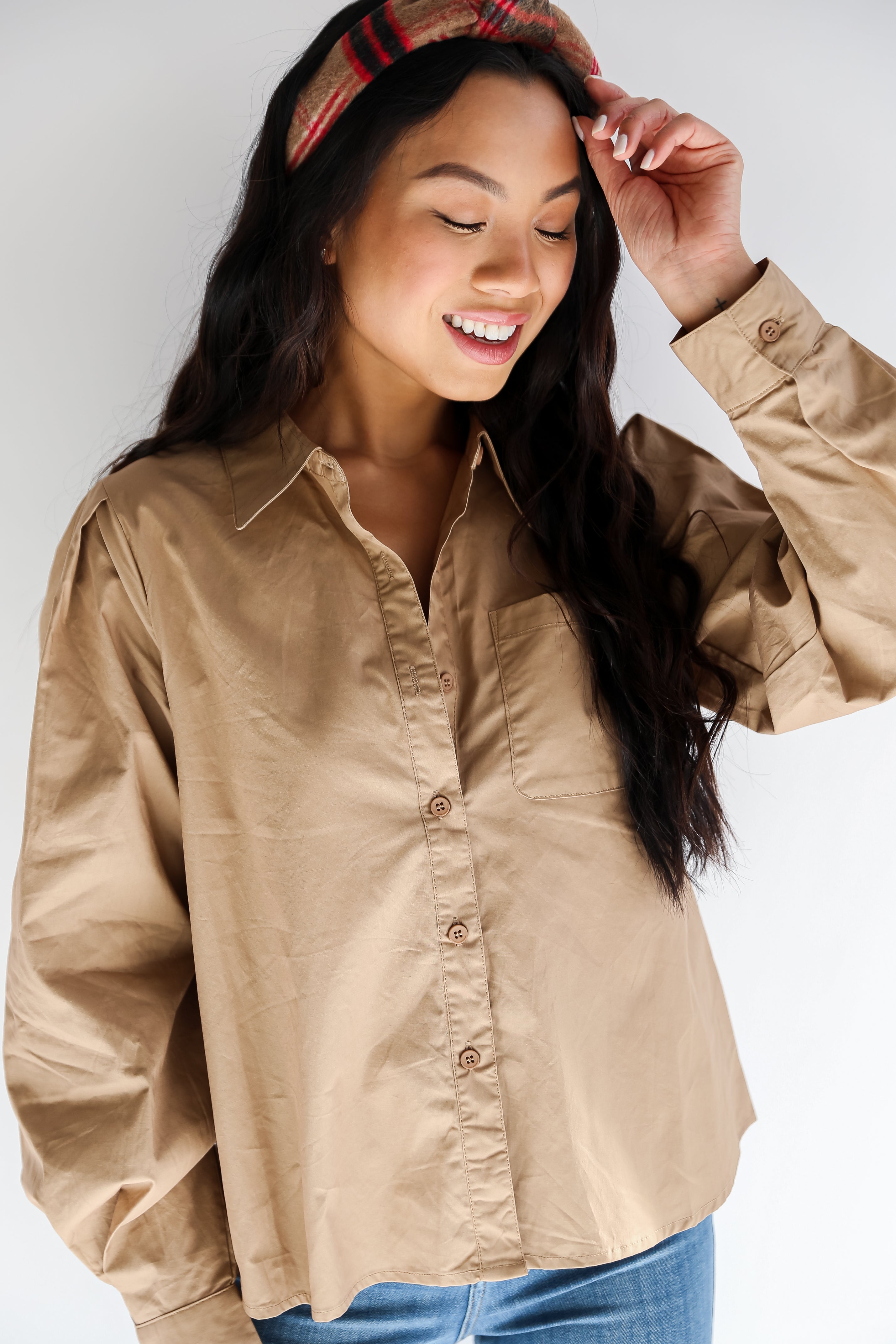 taupe Button-Up Blouse close up