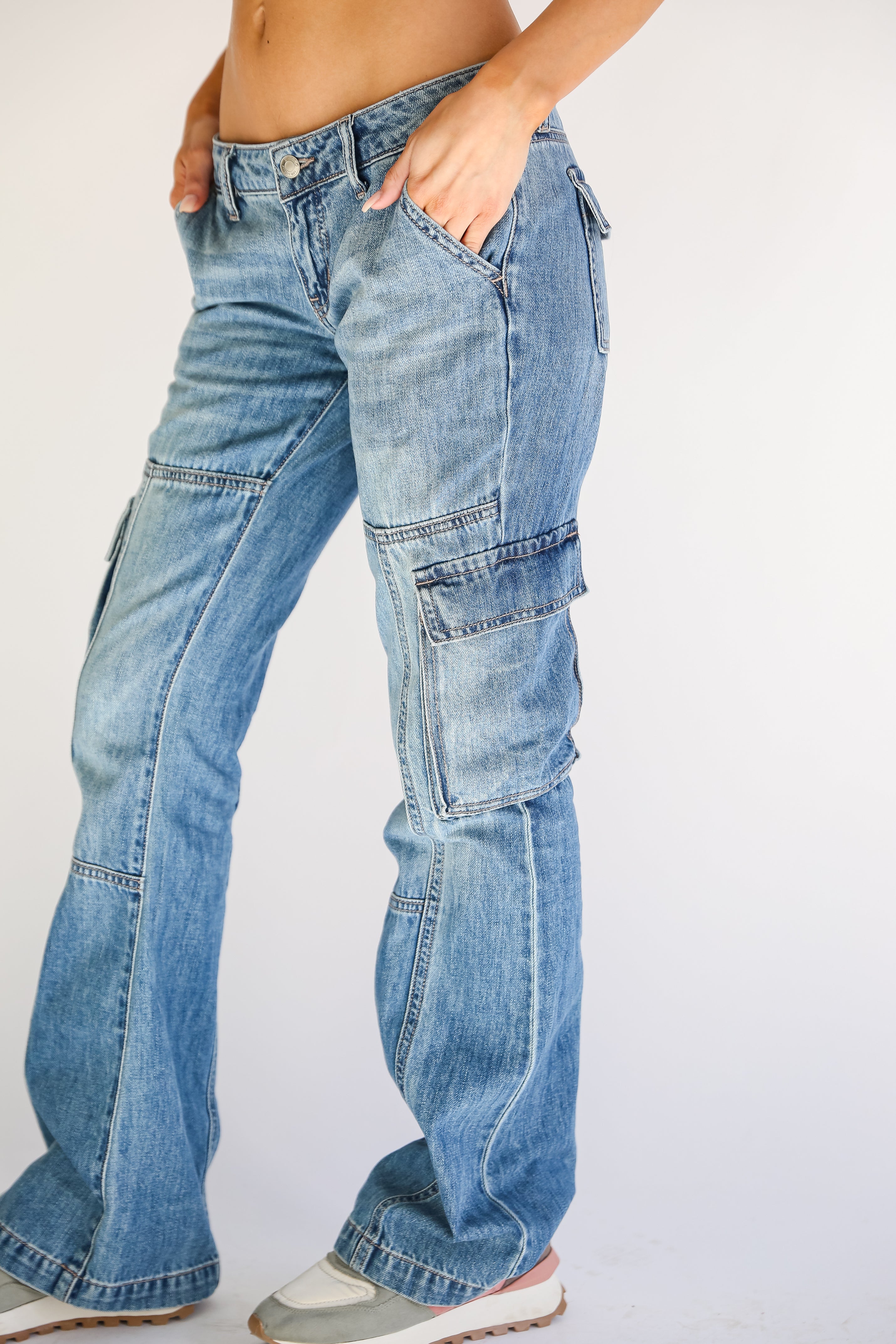 Medium Wash Cargo Flare Jeans side view