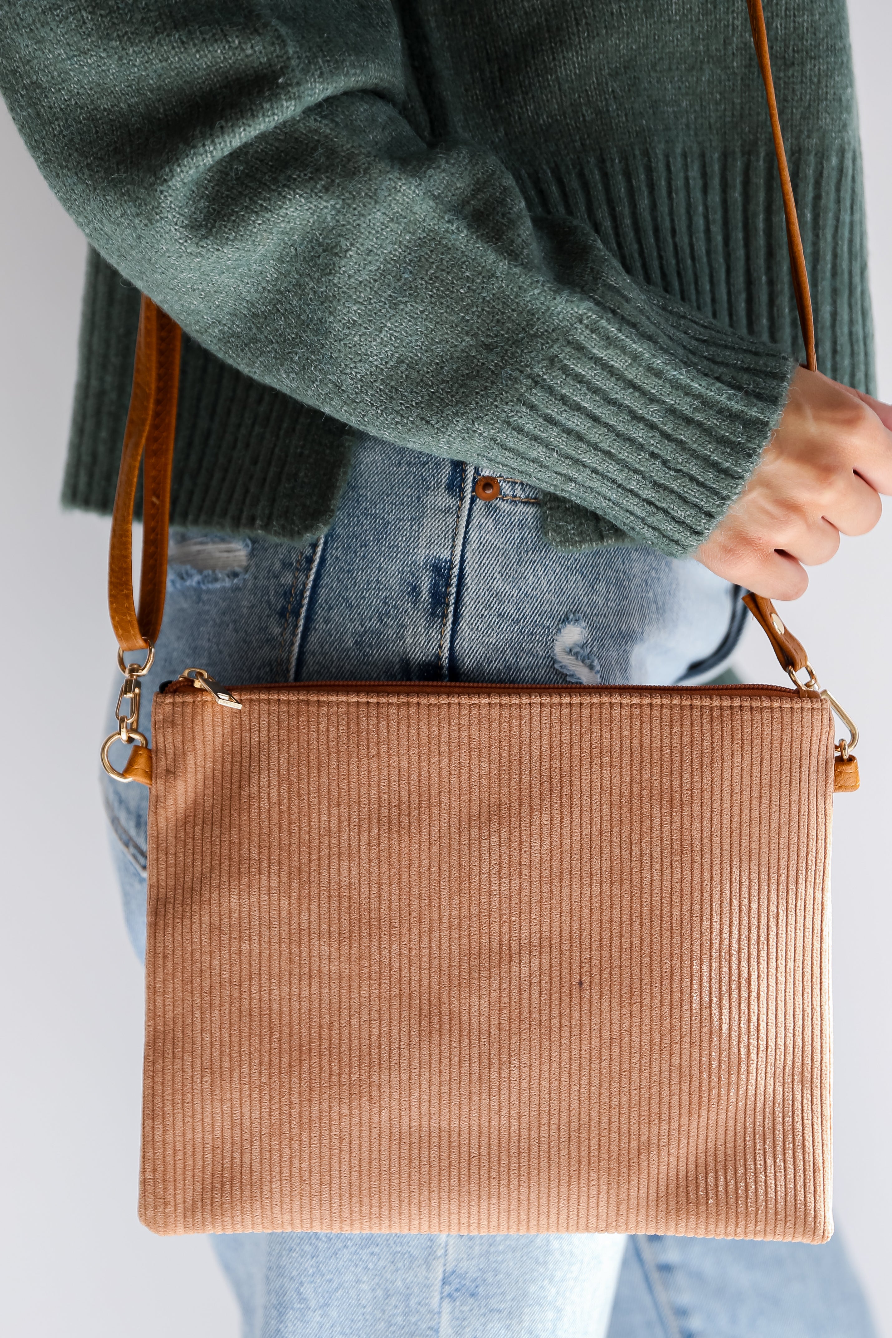 Camel Corduroy Crossbody Bag front view