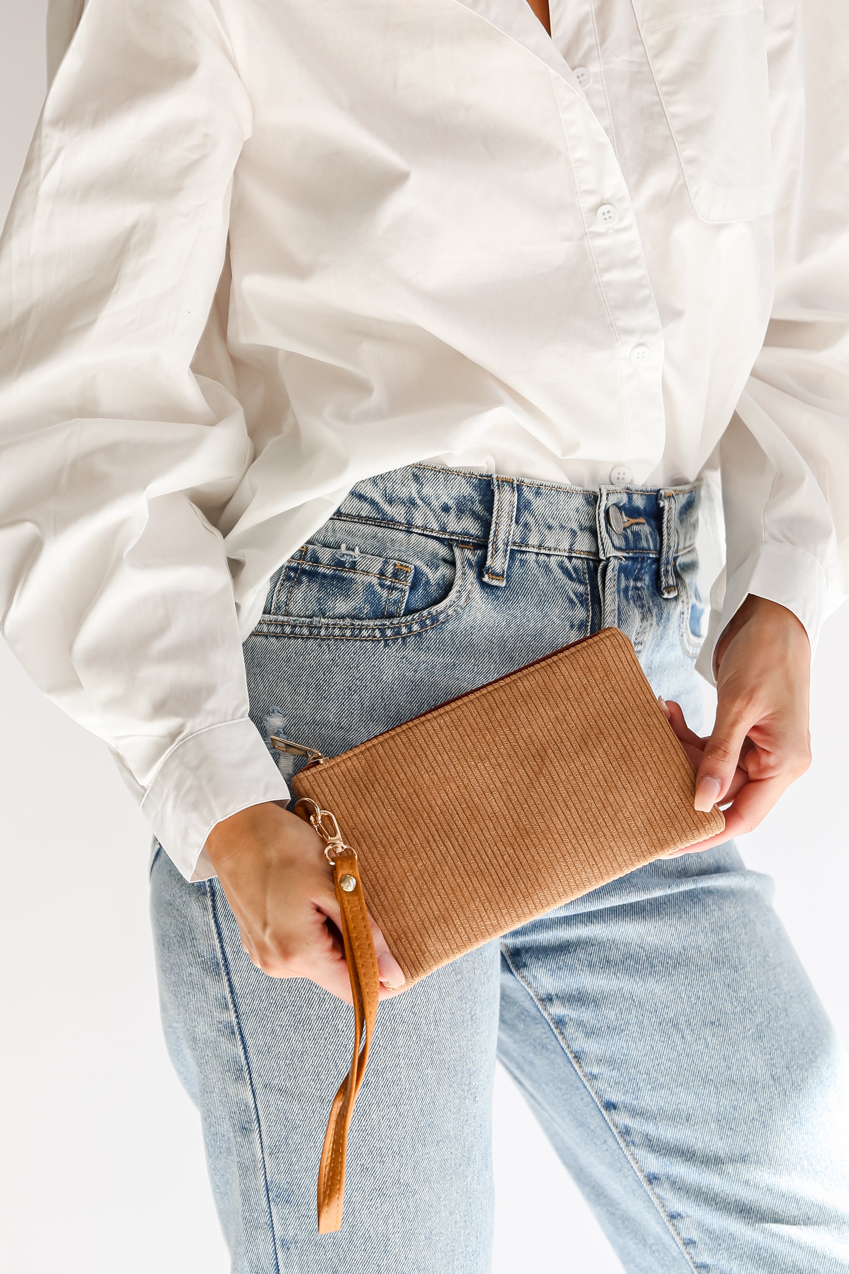 Camel Corduroy Wristlet close up
