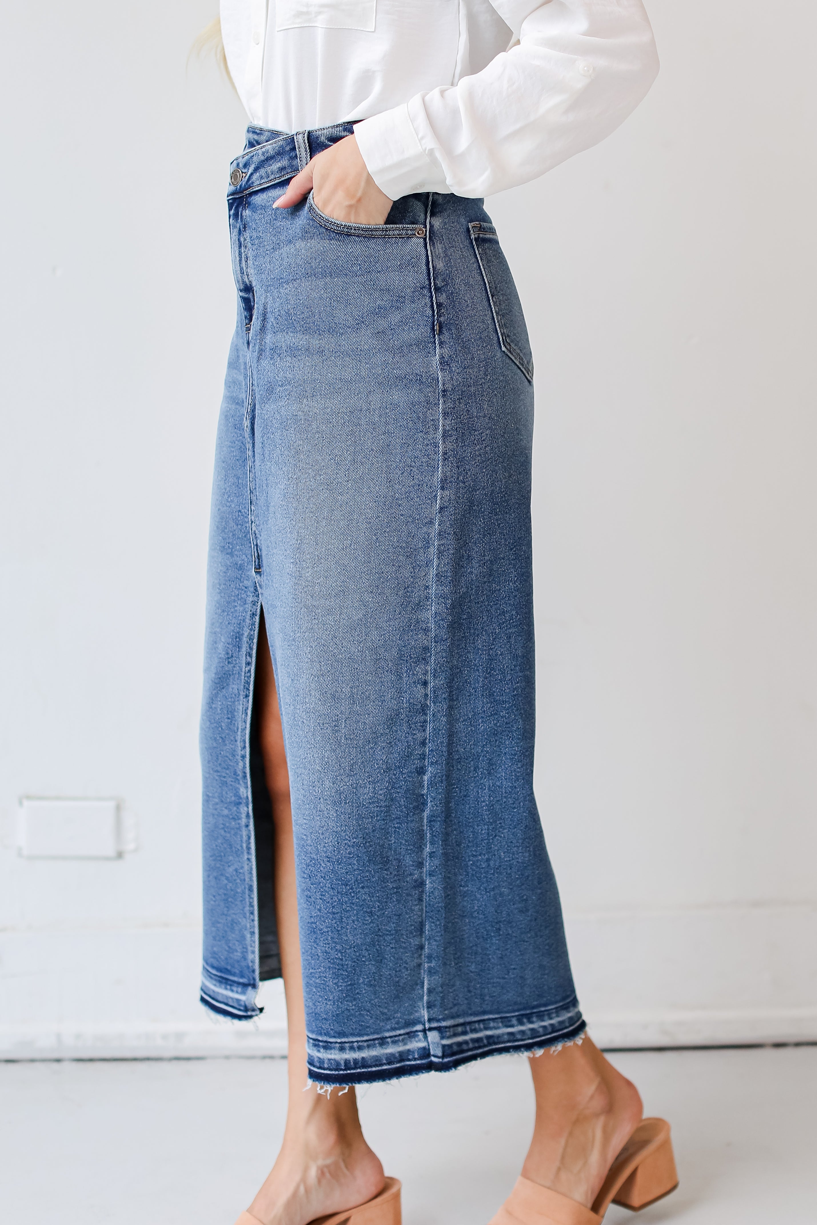 medium wash Denim Maxi Skirt side view