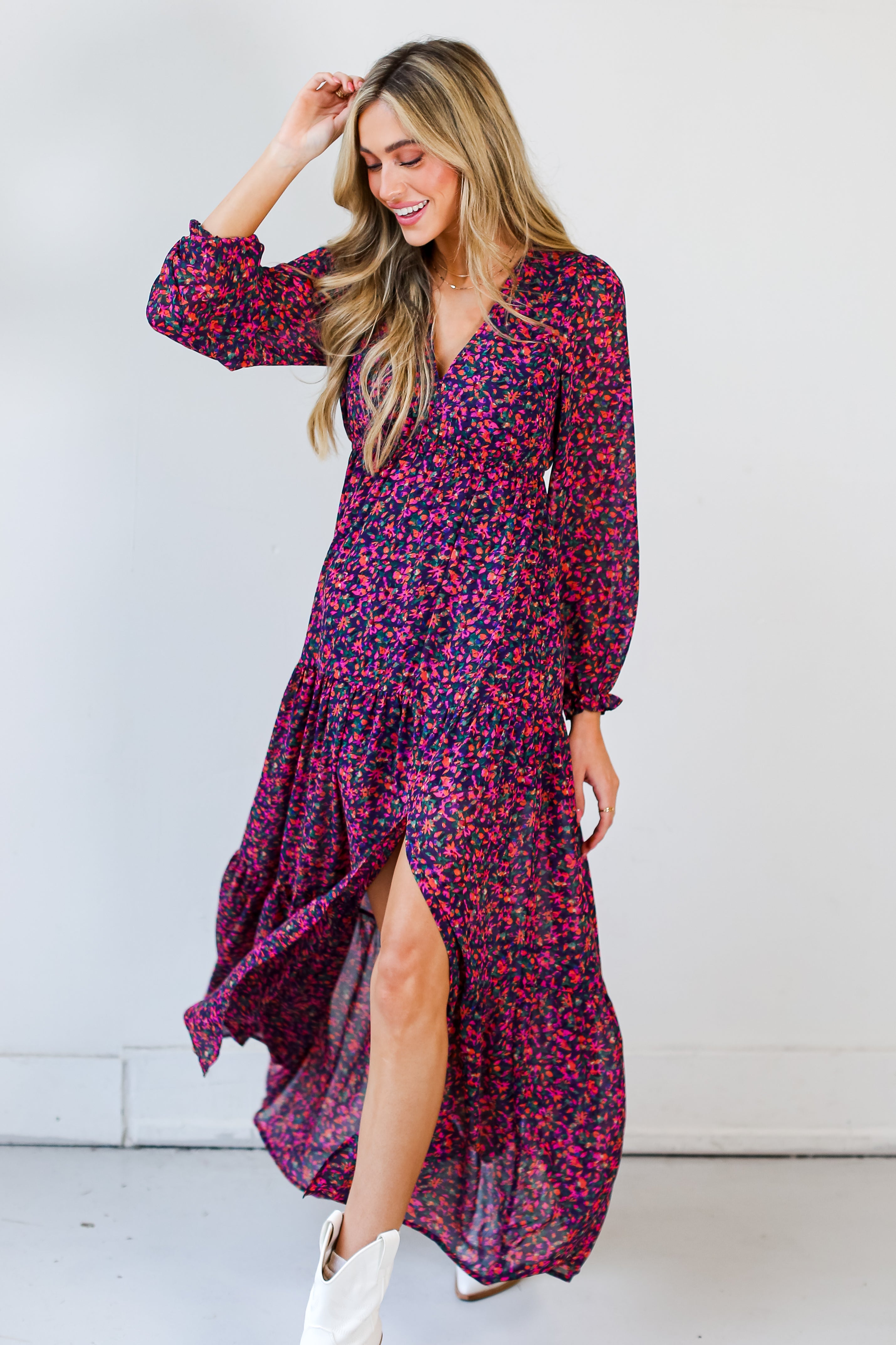 magenta Floral Maxi Dress on dress up model