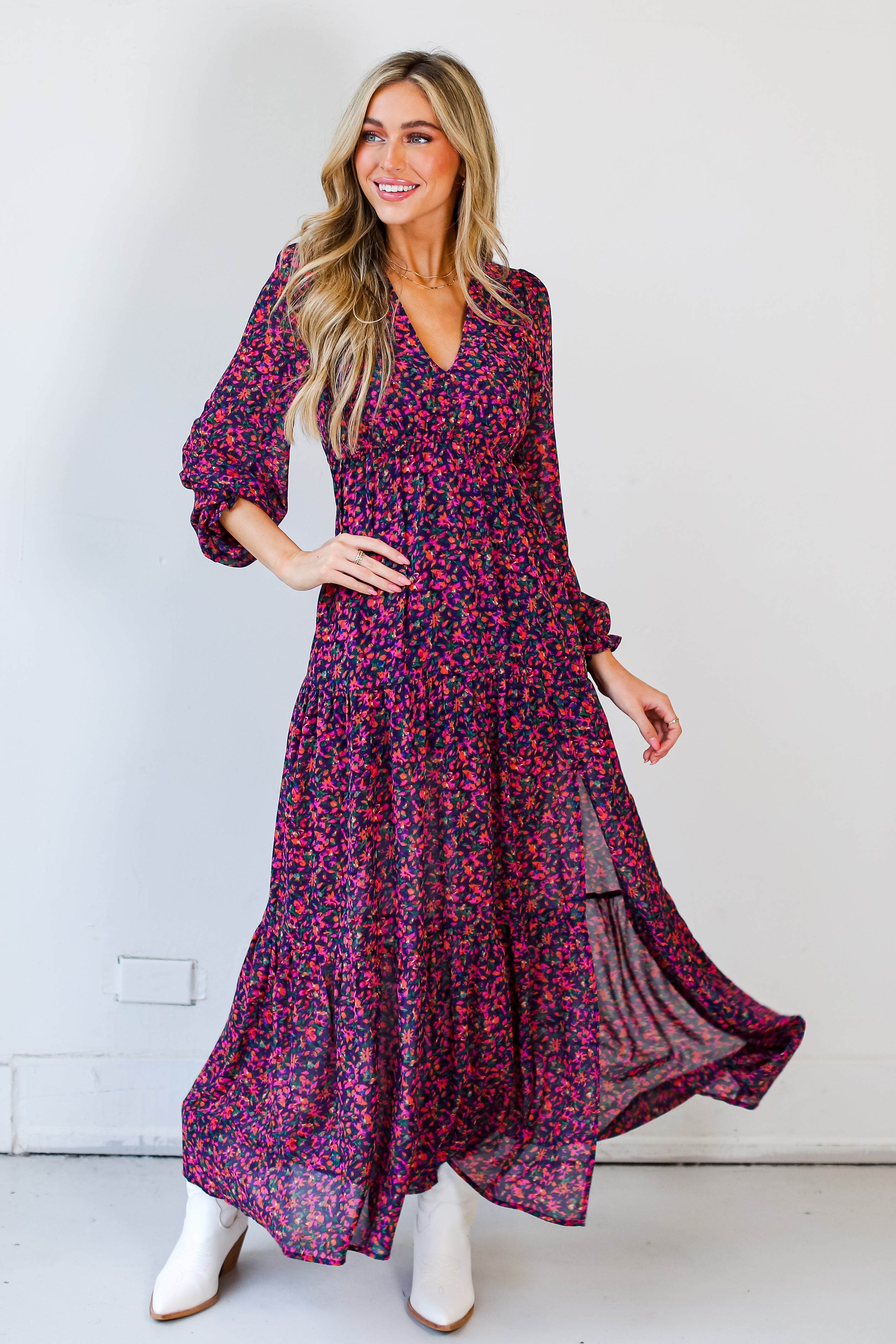 magenta Floral Maxi Dress front view Online Dress Boutiques