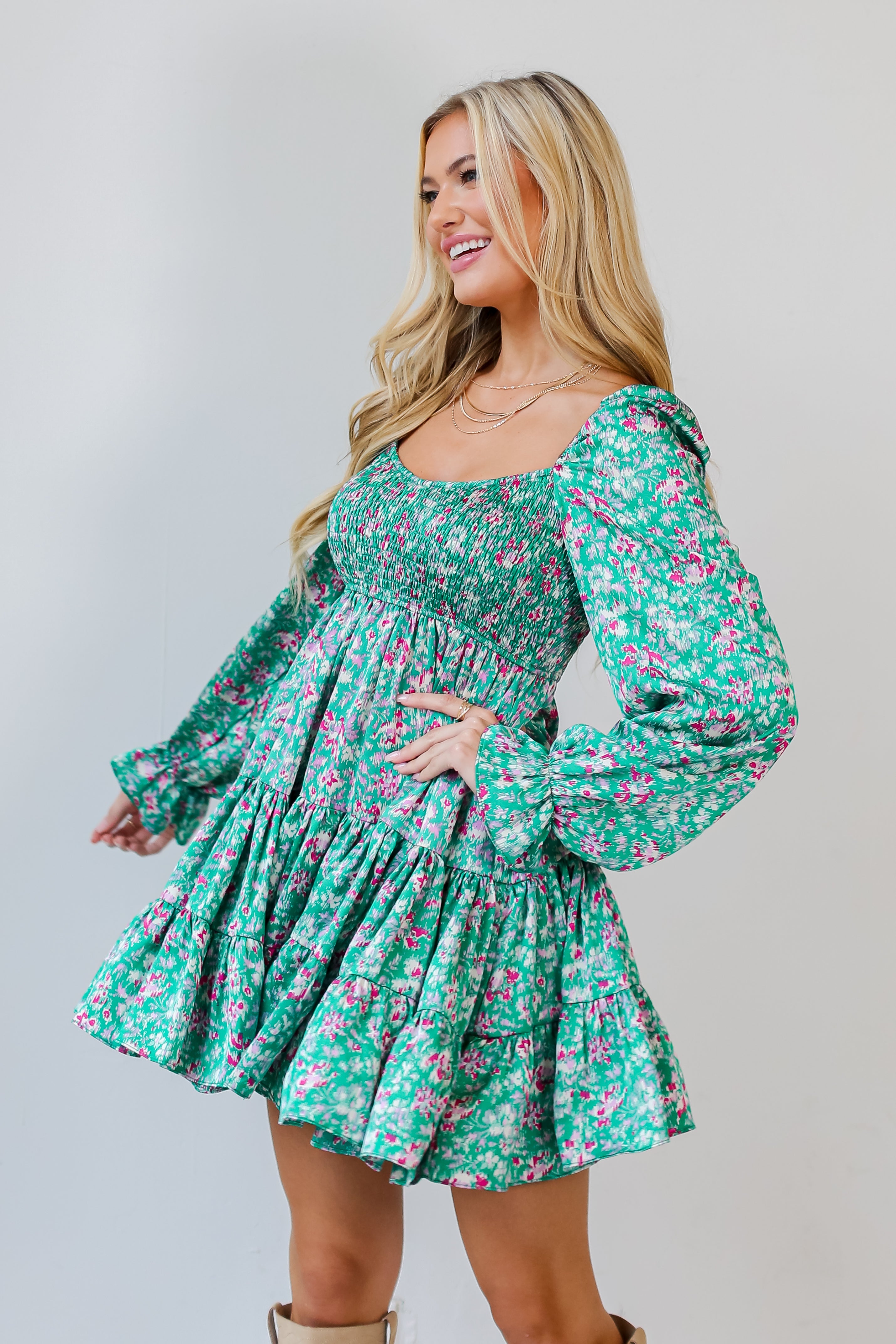 green Tiered Mini Dress on model Dress Boutique Online | Harvey Boutique
