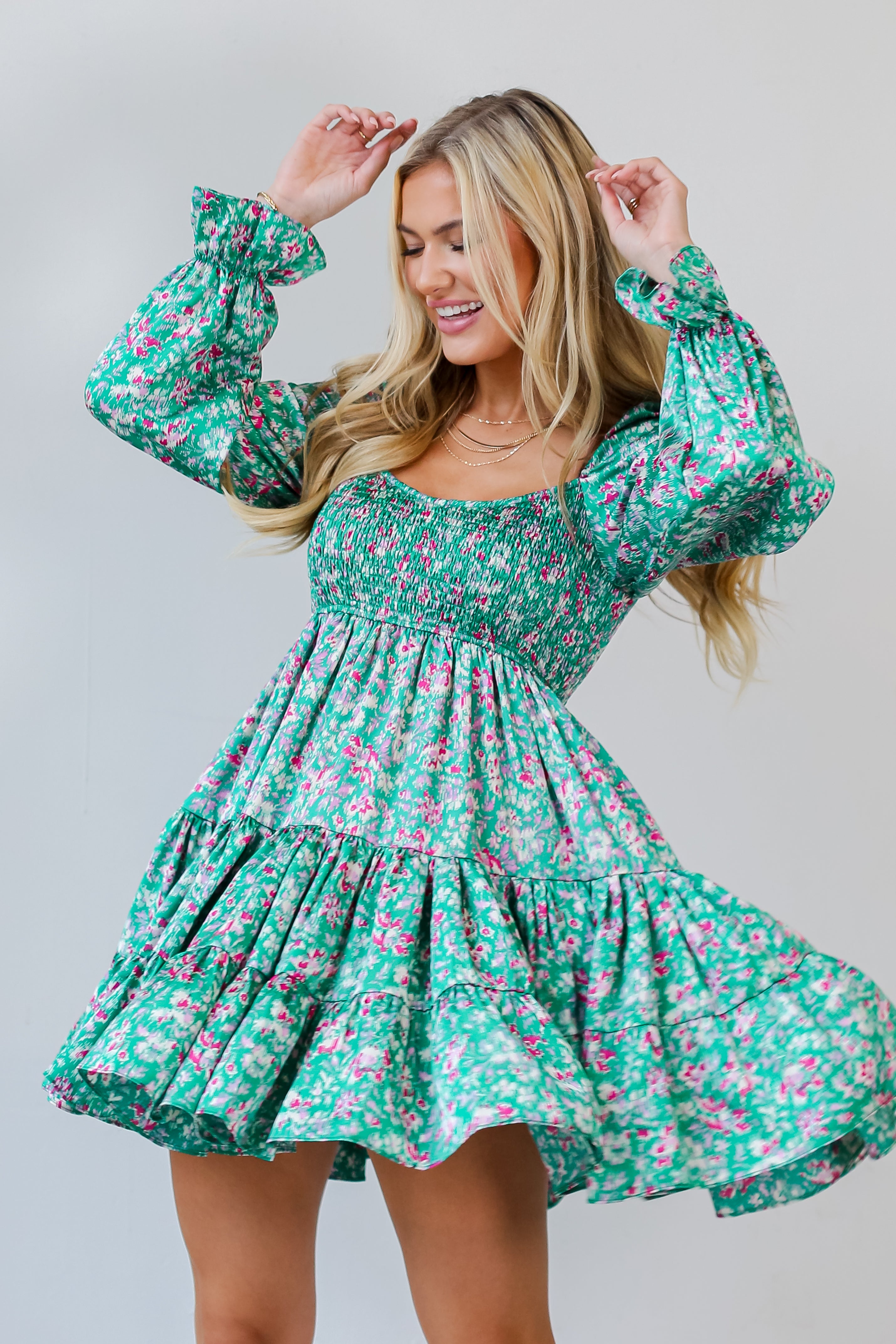 green Tiered Mini Dress on dress up model