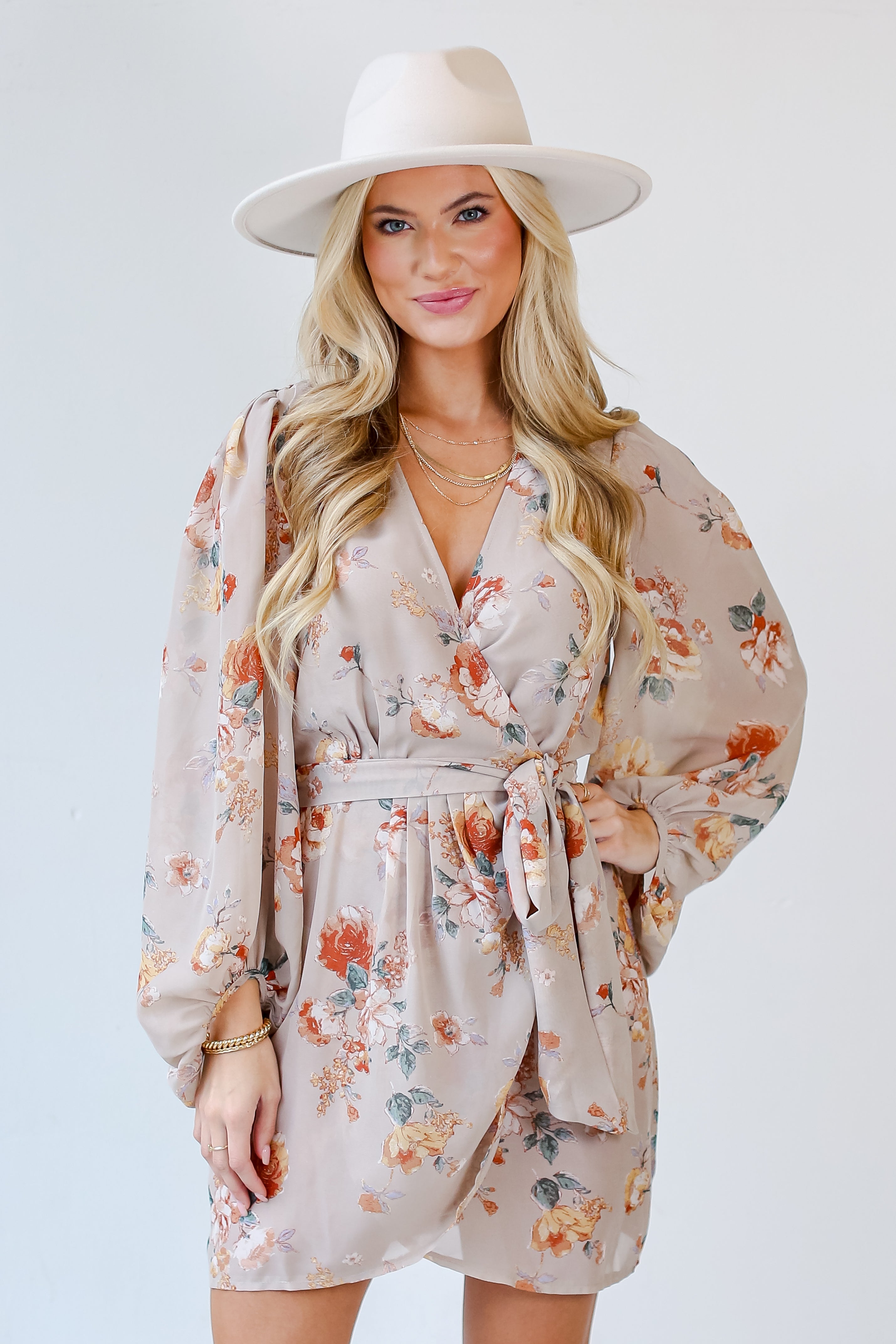 taupe Floral Wrap Mini Dress front view