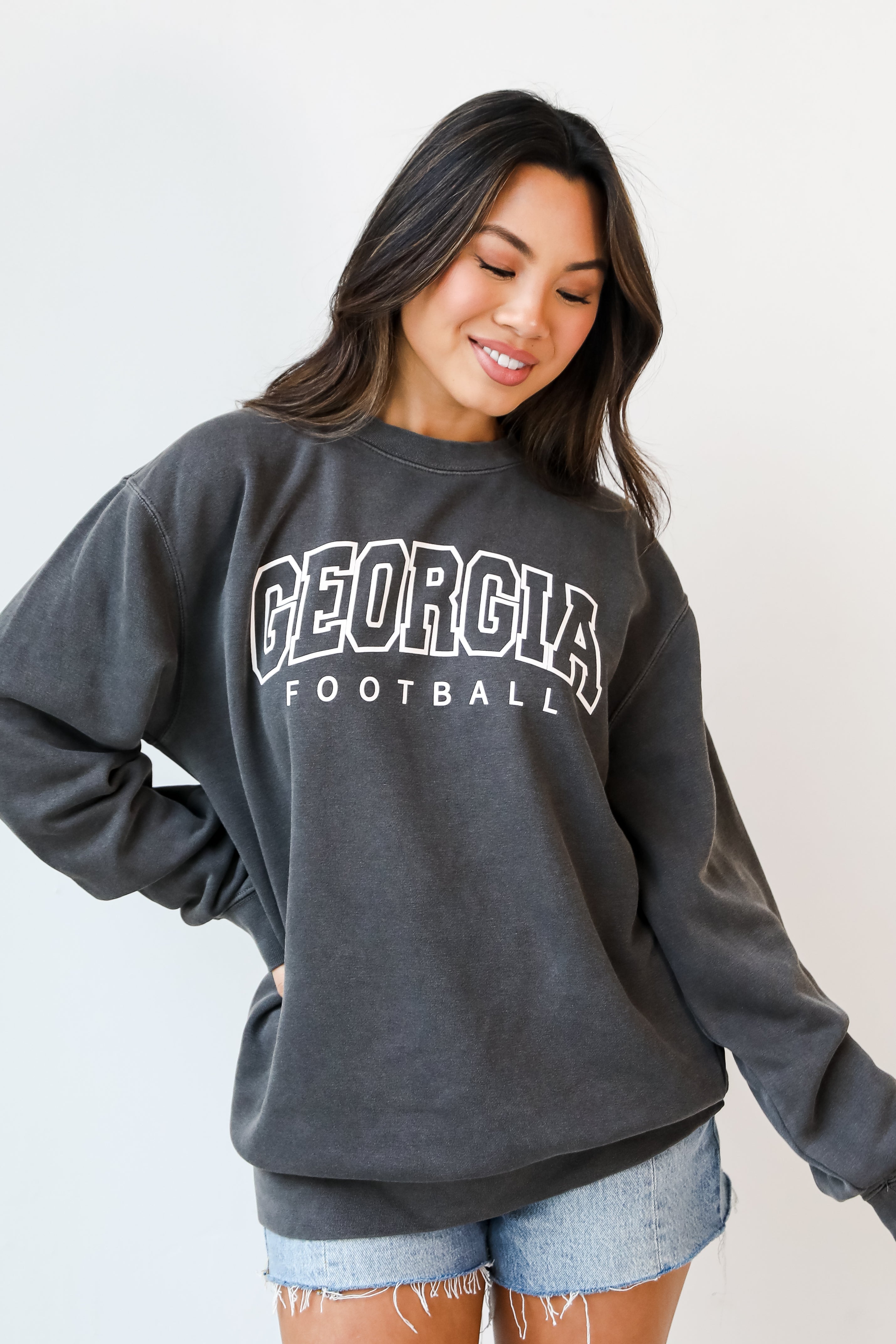 Black Georgia Football Block Letter Pullover on model