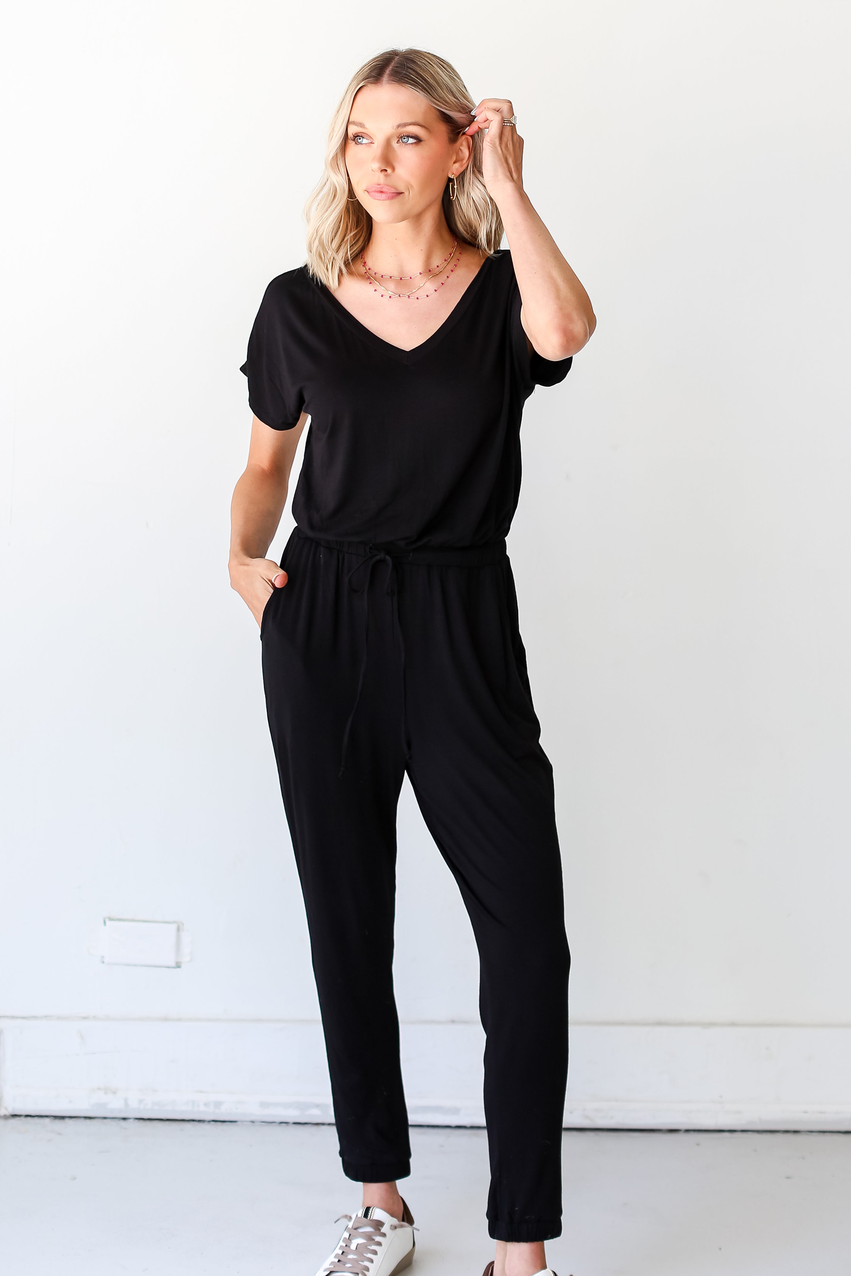 black Jumpsuit front view on model