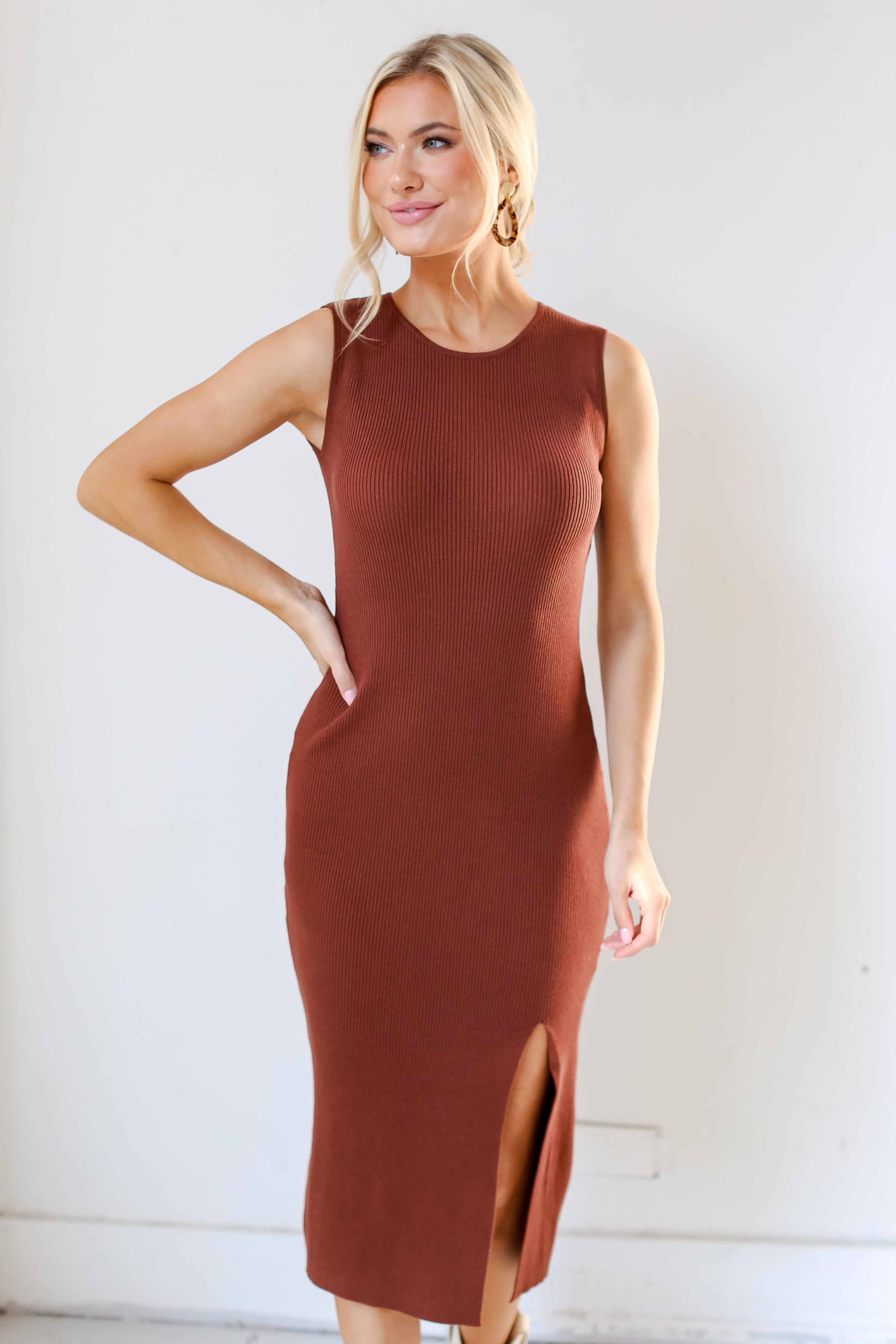 camel Ribbed Knit Midi Dress close up