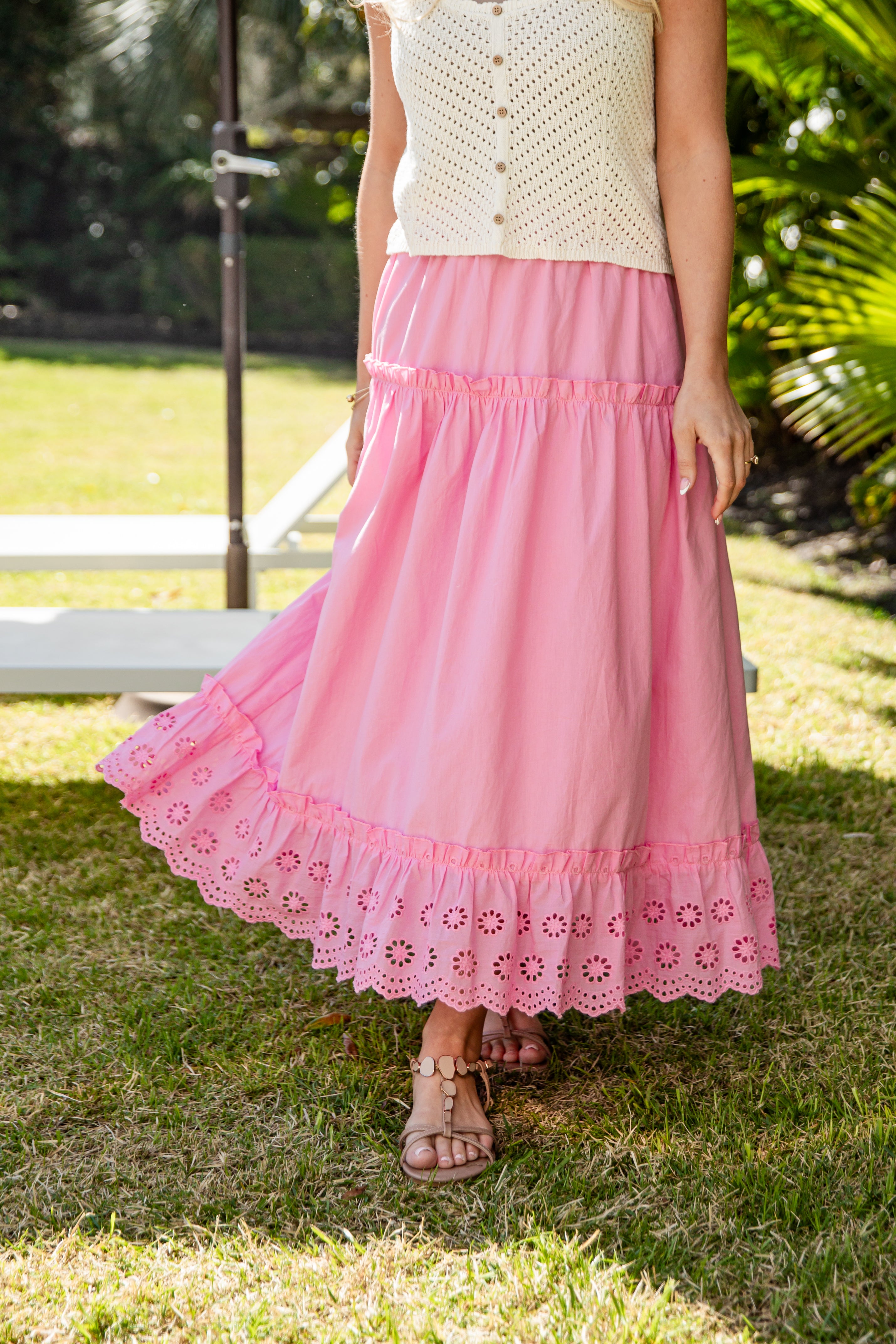 Pink lace-trim maxi skirt styled in sunshine