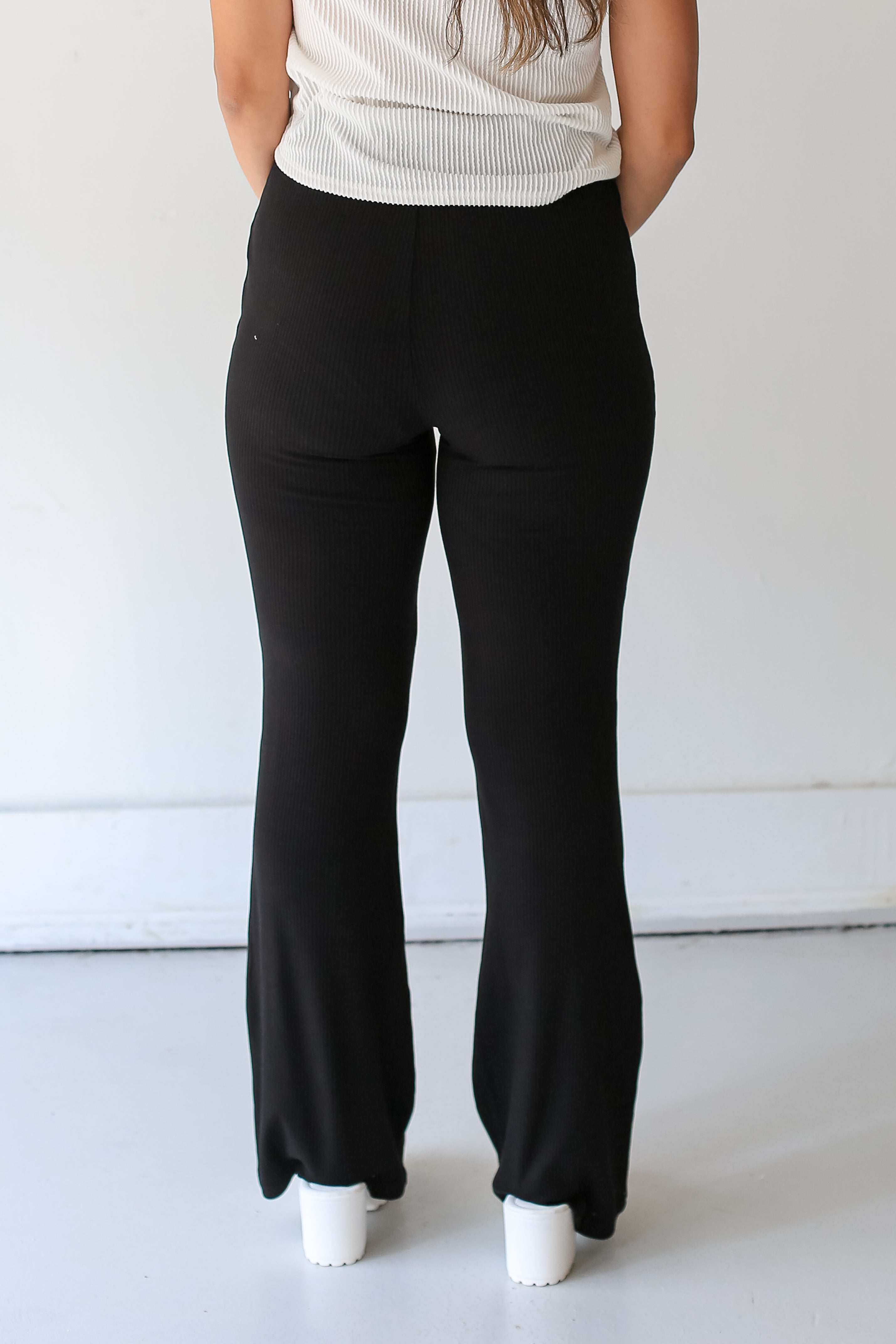 black Ribbed Flare Pants back view