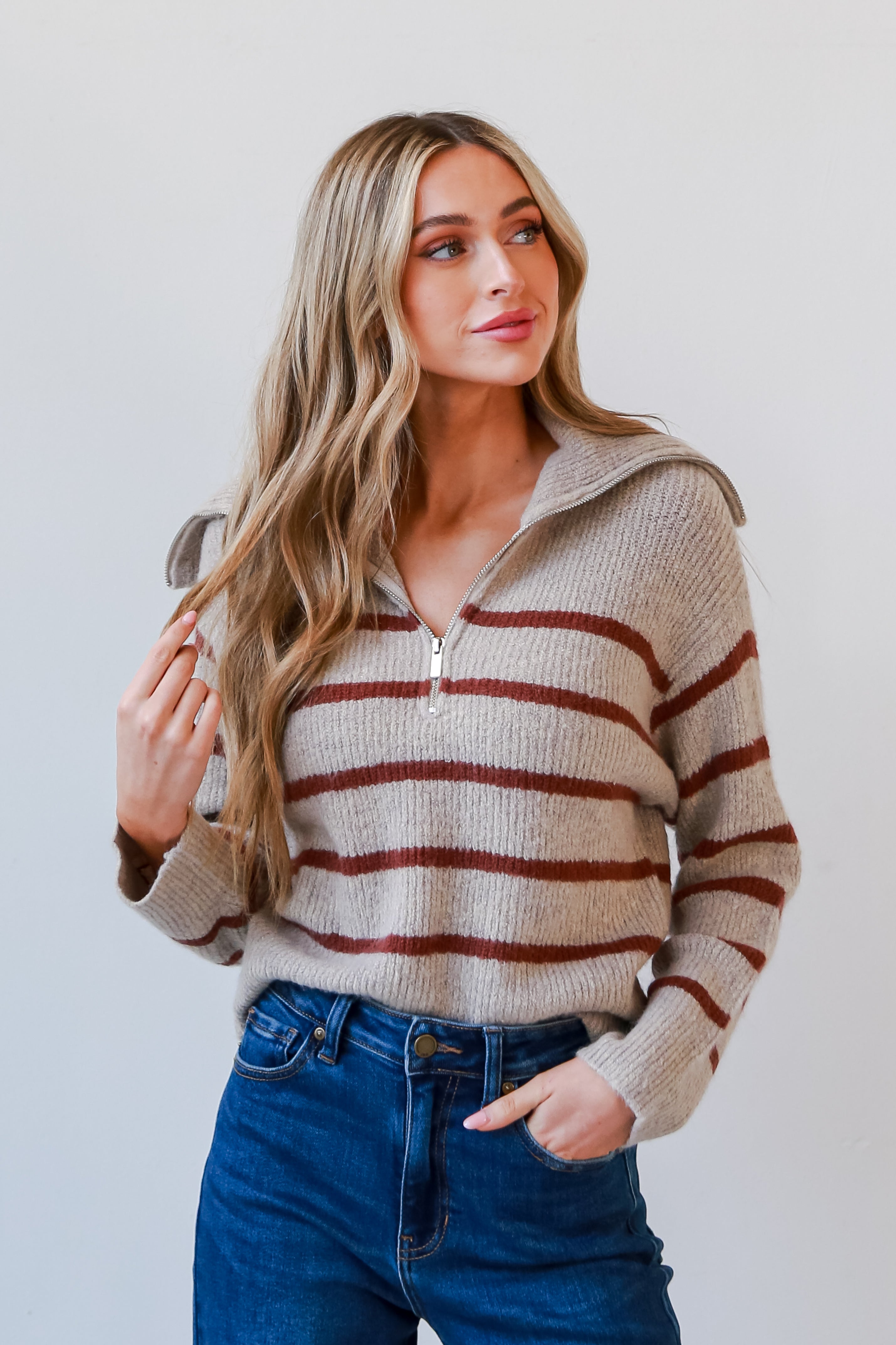 oversized Taupe Striped Collared Sweater
