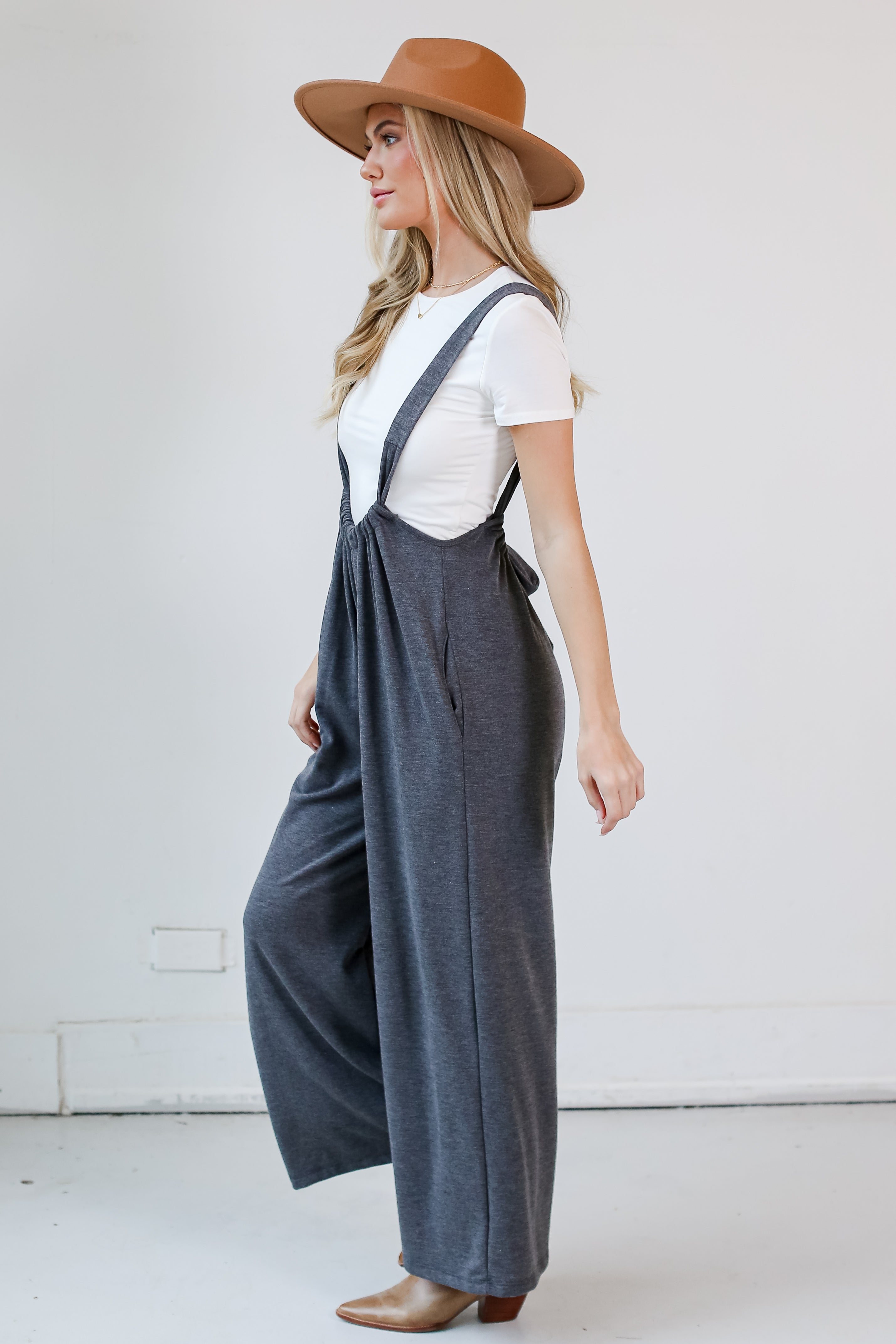 grey wide leg jumpsuits