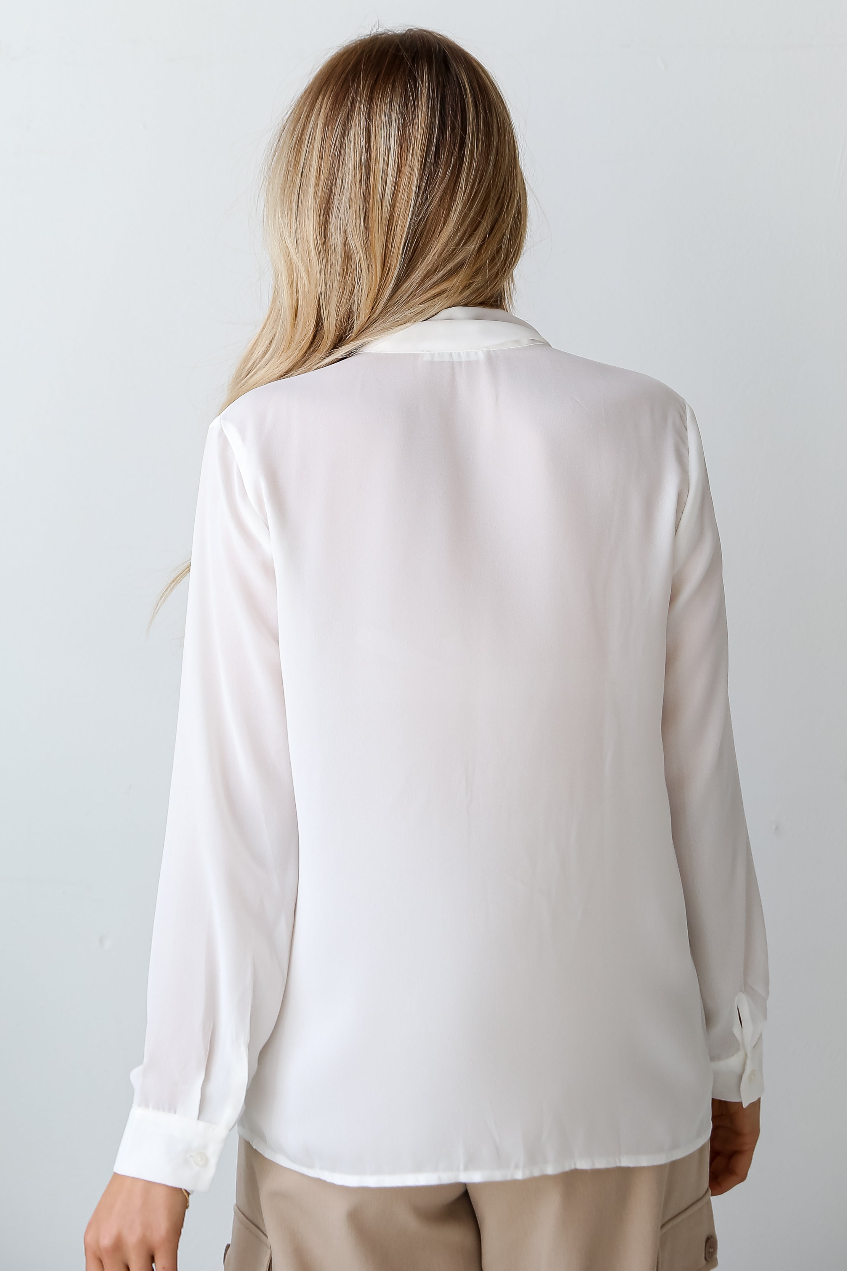 white Tie-Front Button-Up Blouse back view