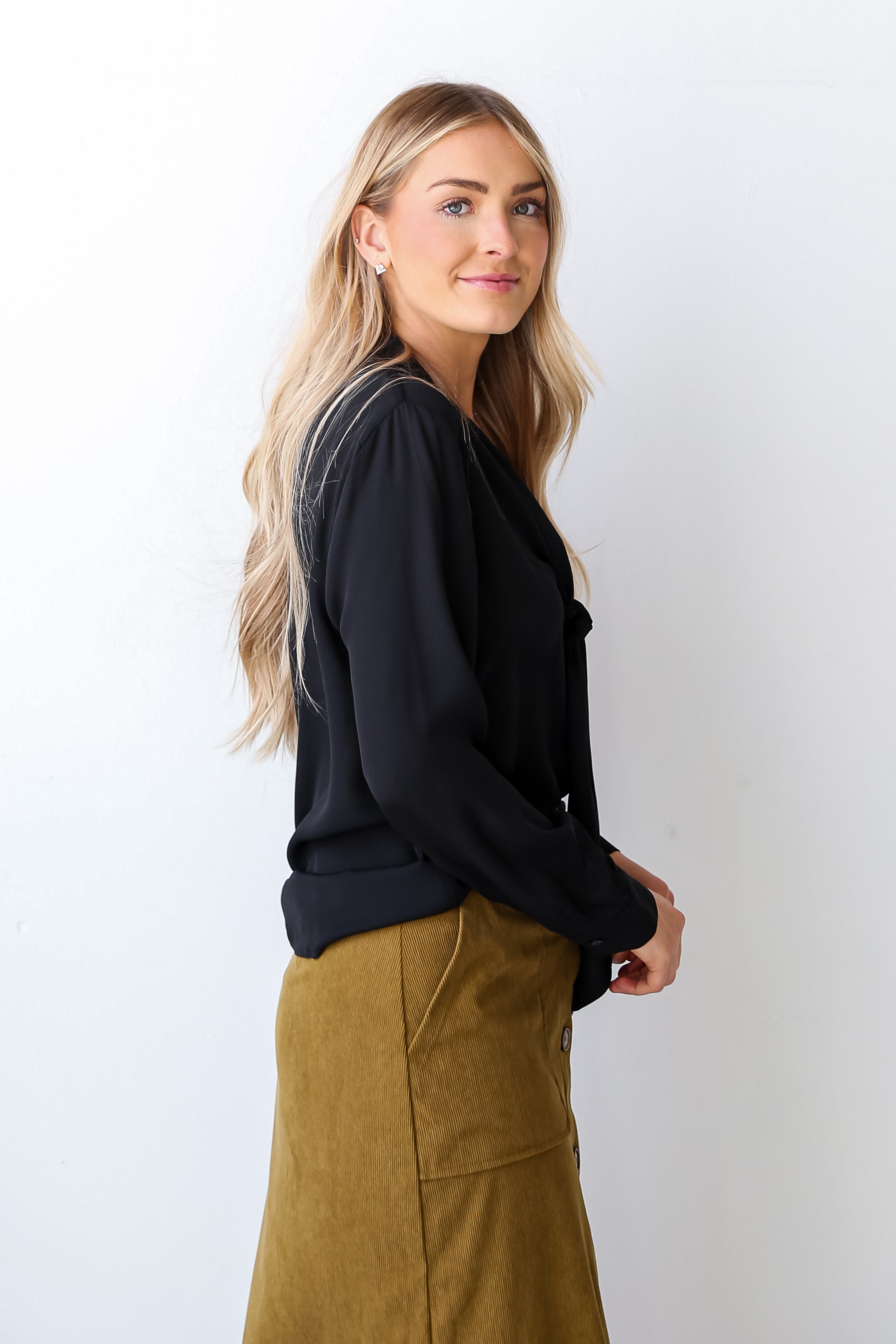 black Tie-Front Button-Up Blouse side view
