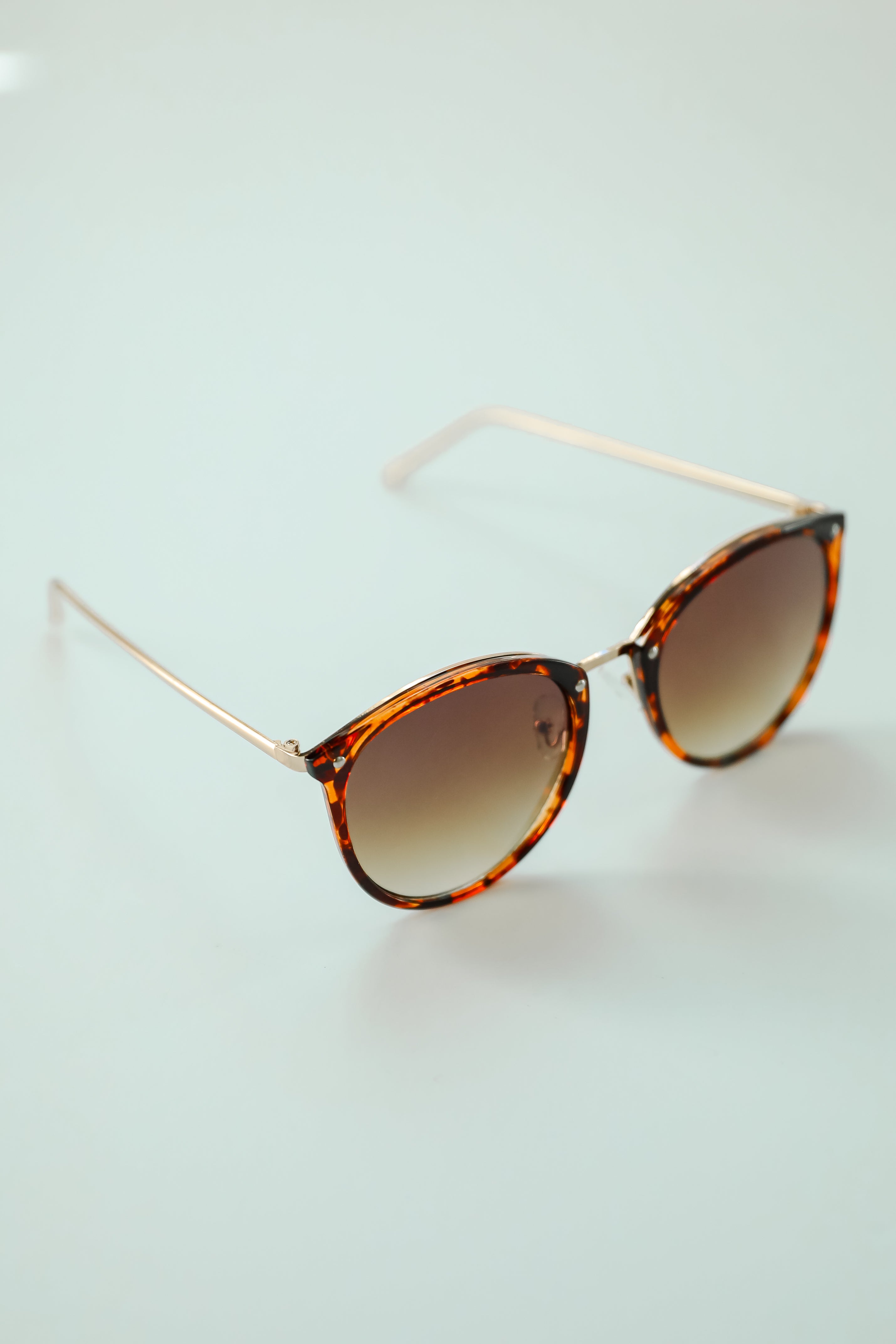 Sunglasses with tortoiseshell frame and gradient lenses on a light blue background