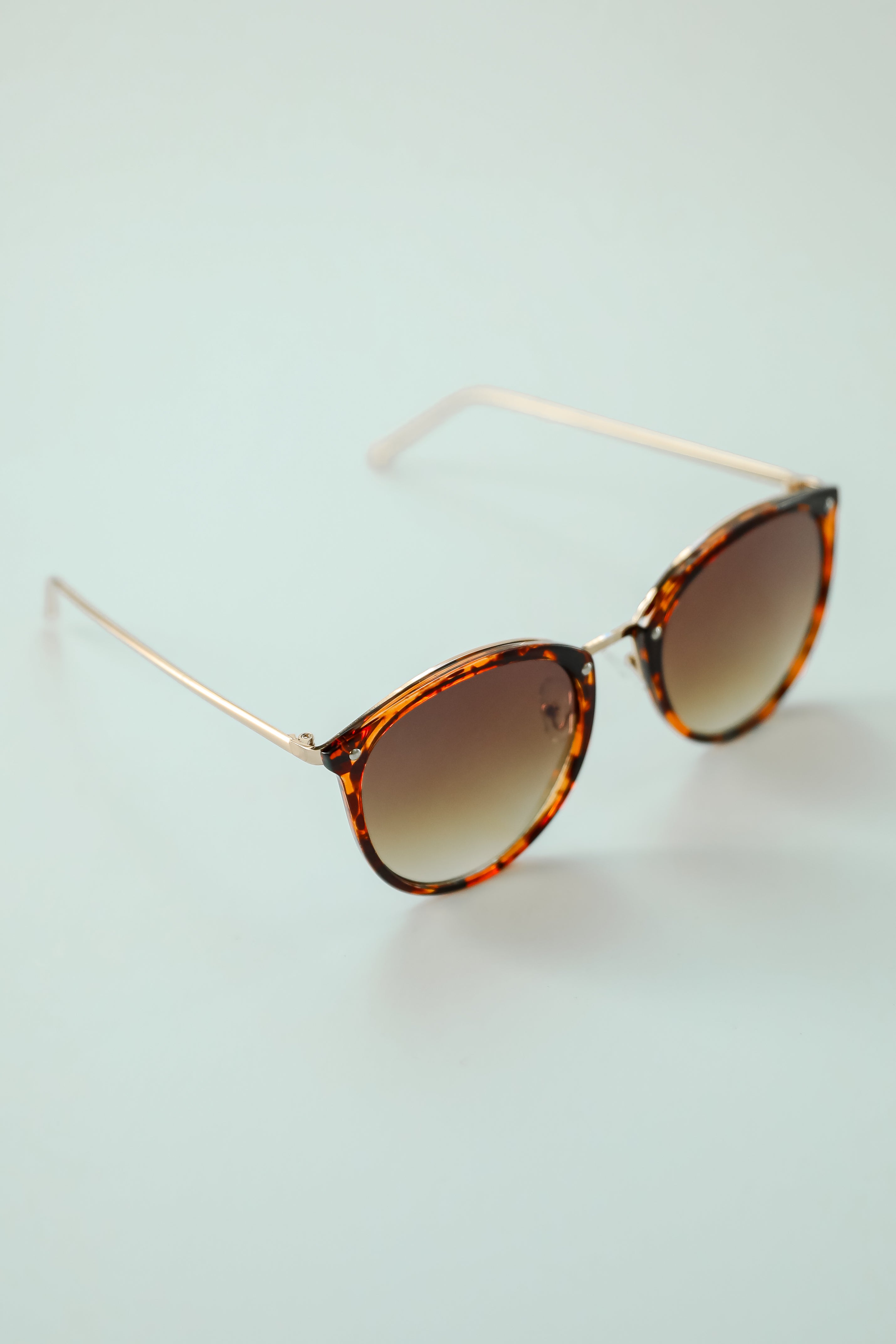 Sunglasses with tortoiseshell frame and gradient lenses on a light blue background