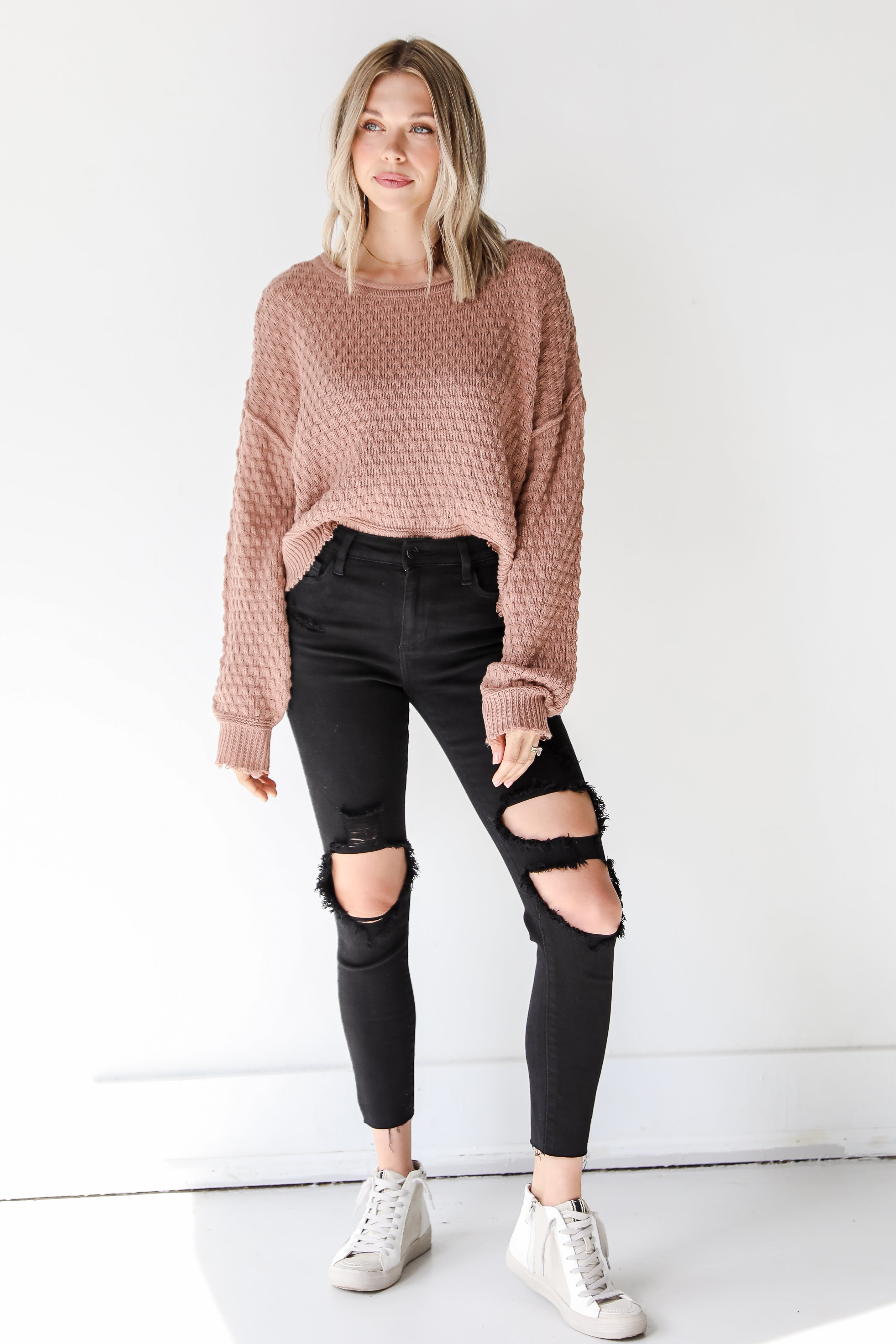 Black Distressed Skinny Jeans on model
