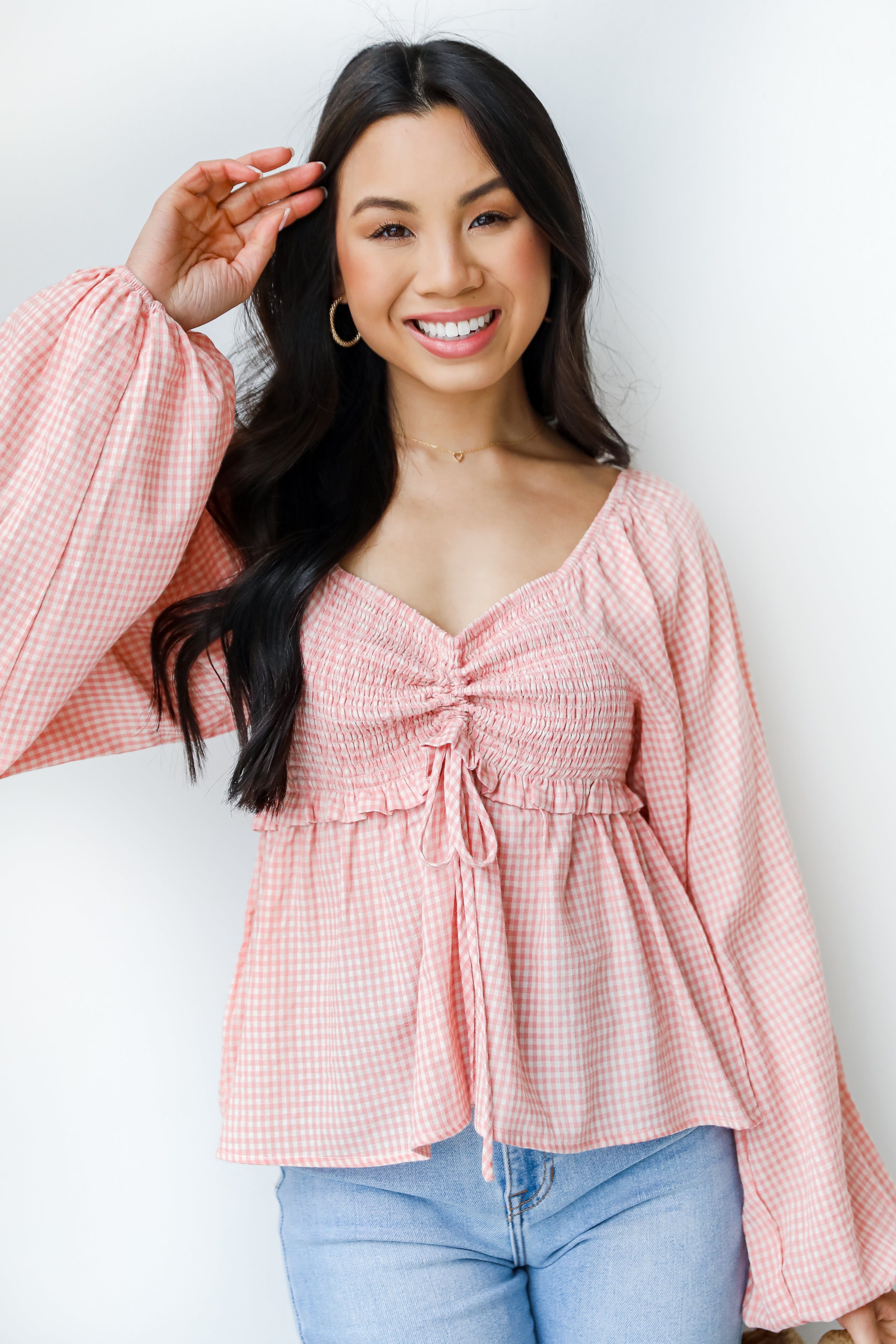 Smocked Gingham Blouse front view