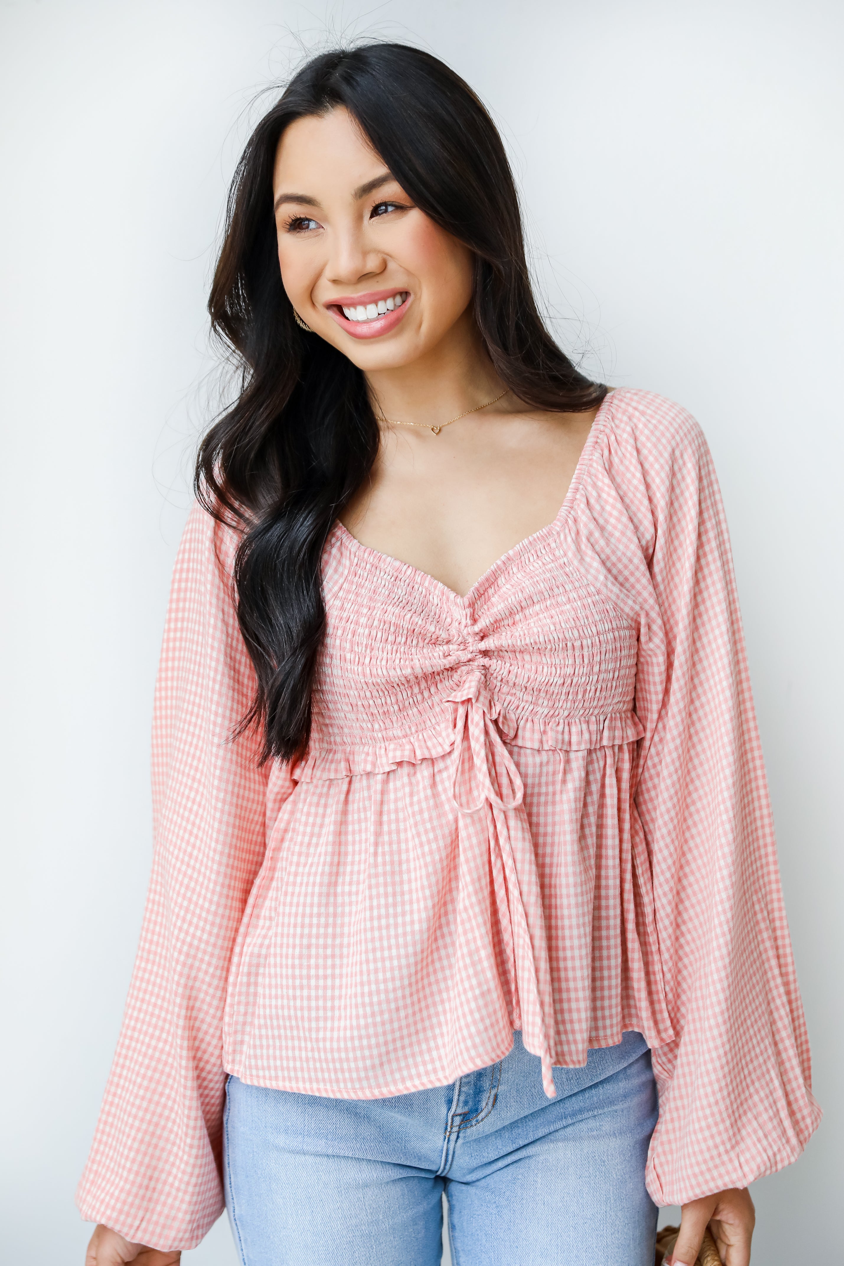 Smocked Gingham Blouse on model
