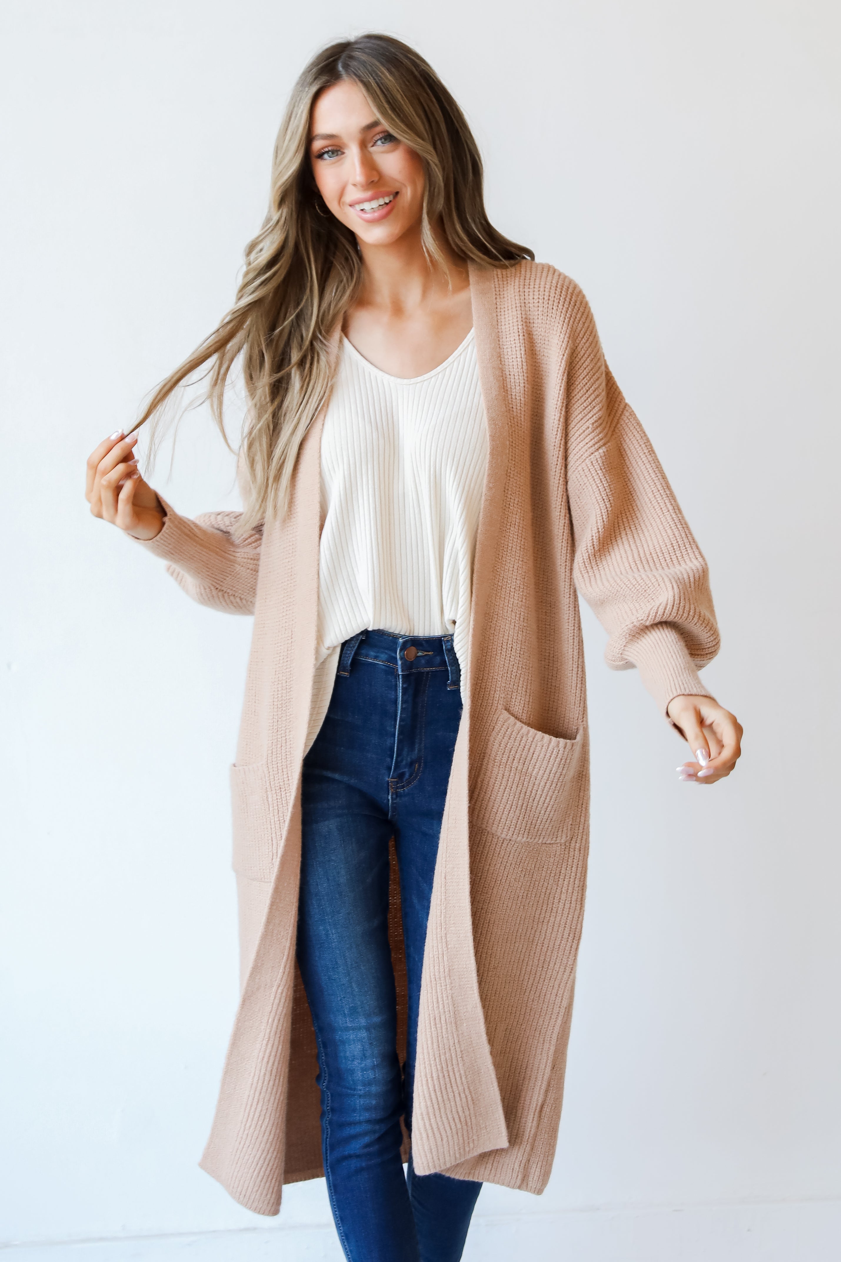 longline Sweater Cardigan on dress up model