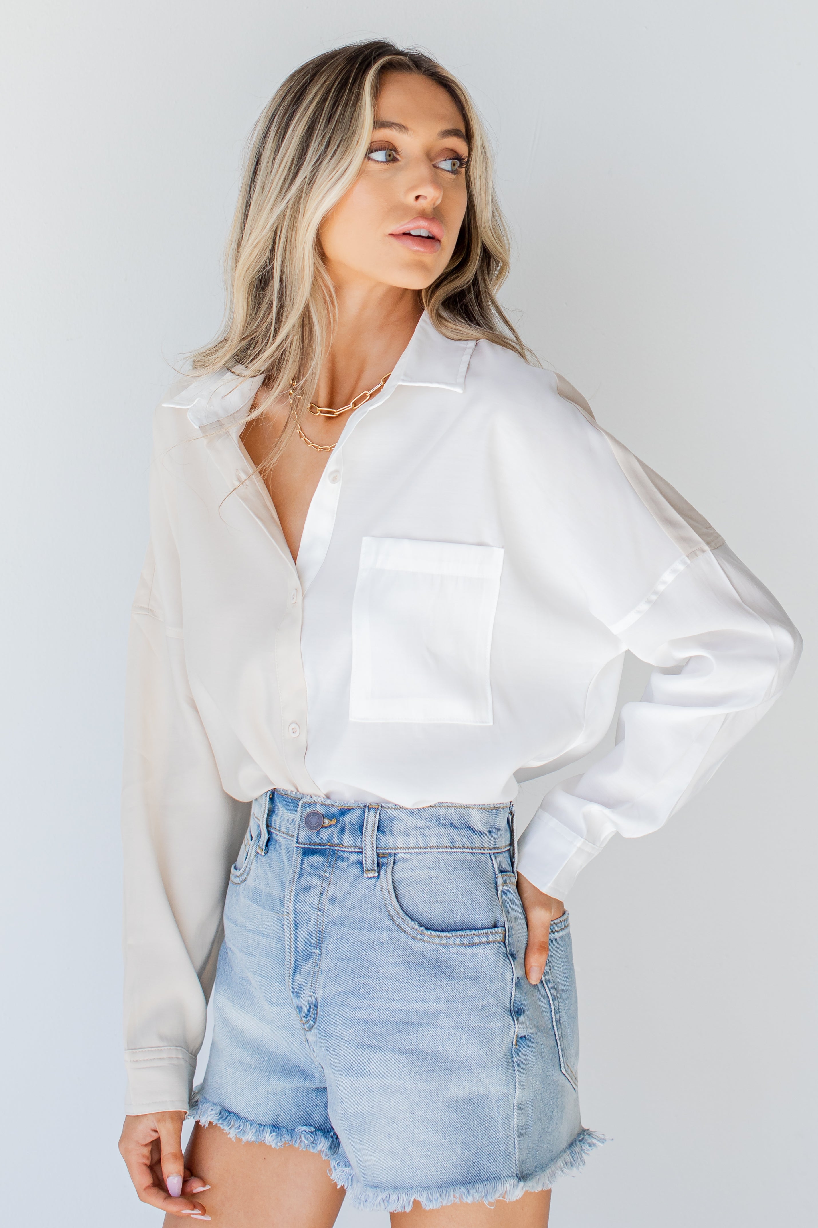 Two Tone Button-Up Blouse in tan side view
