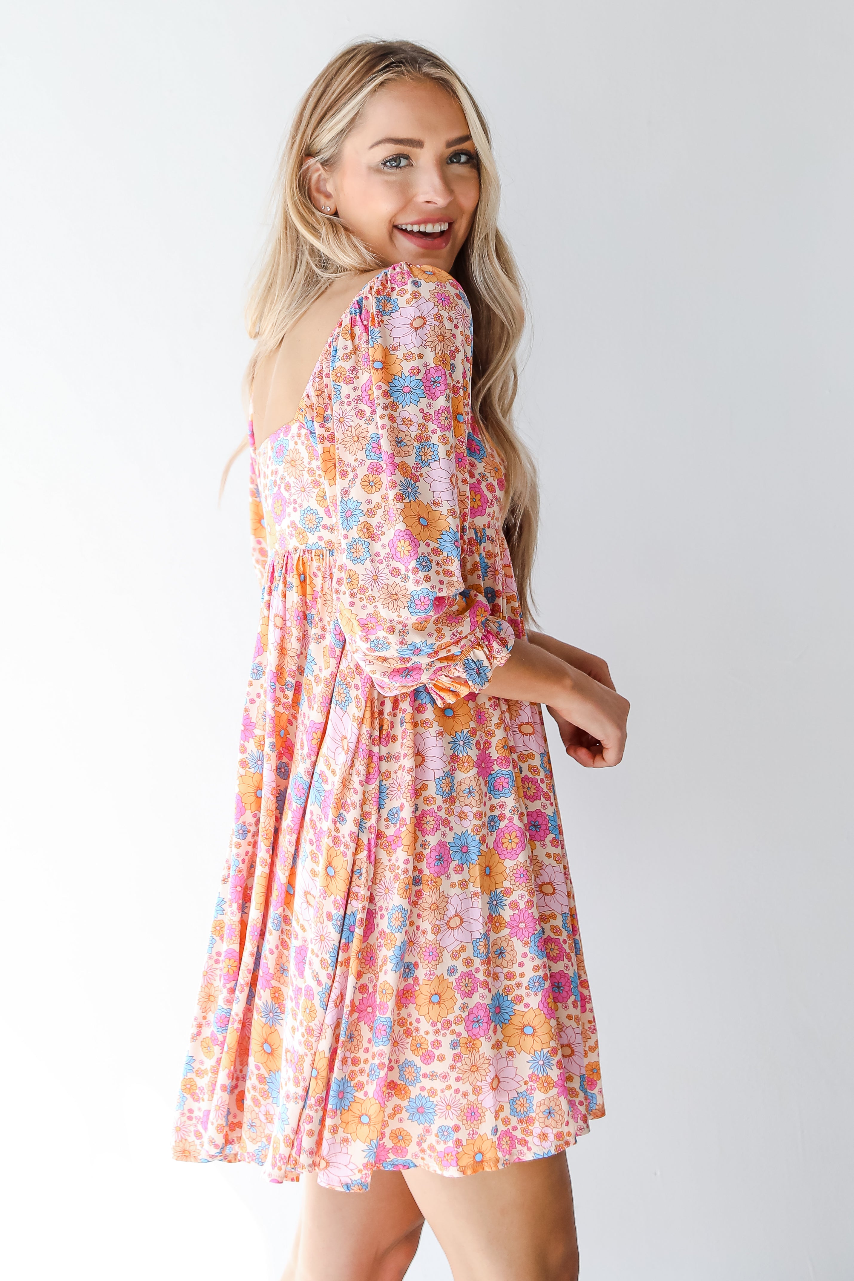 pink floral mini dress side view