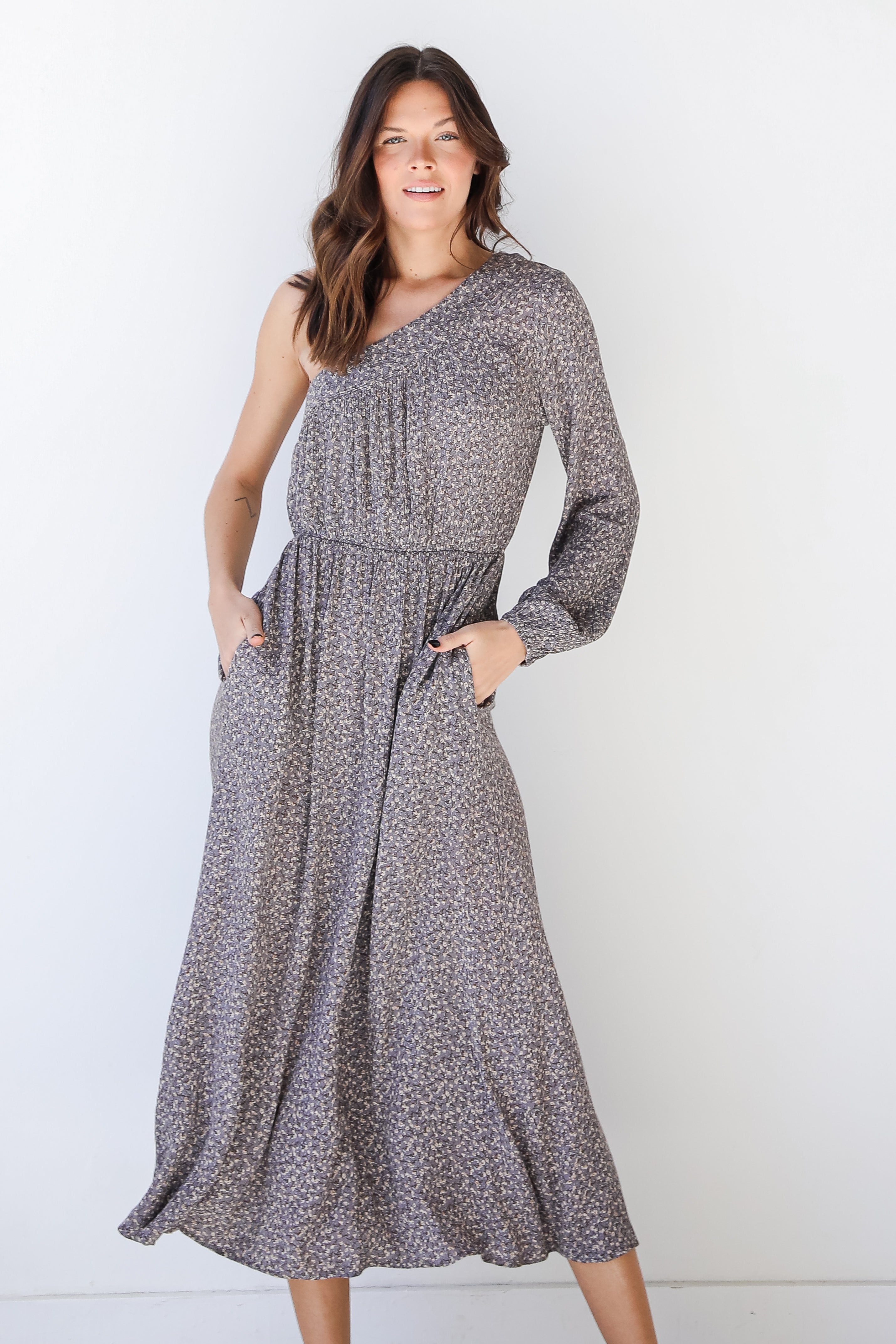 model wearing a One-Shoulder Floral Maxi Dress