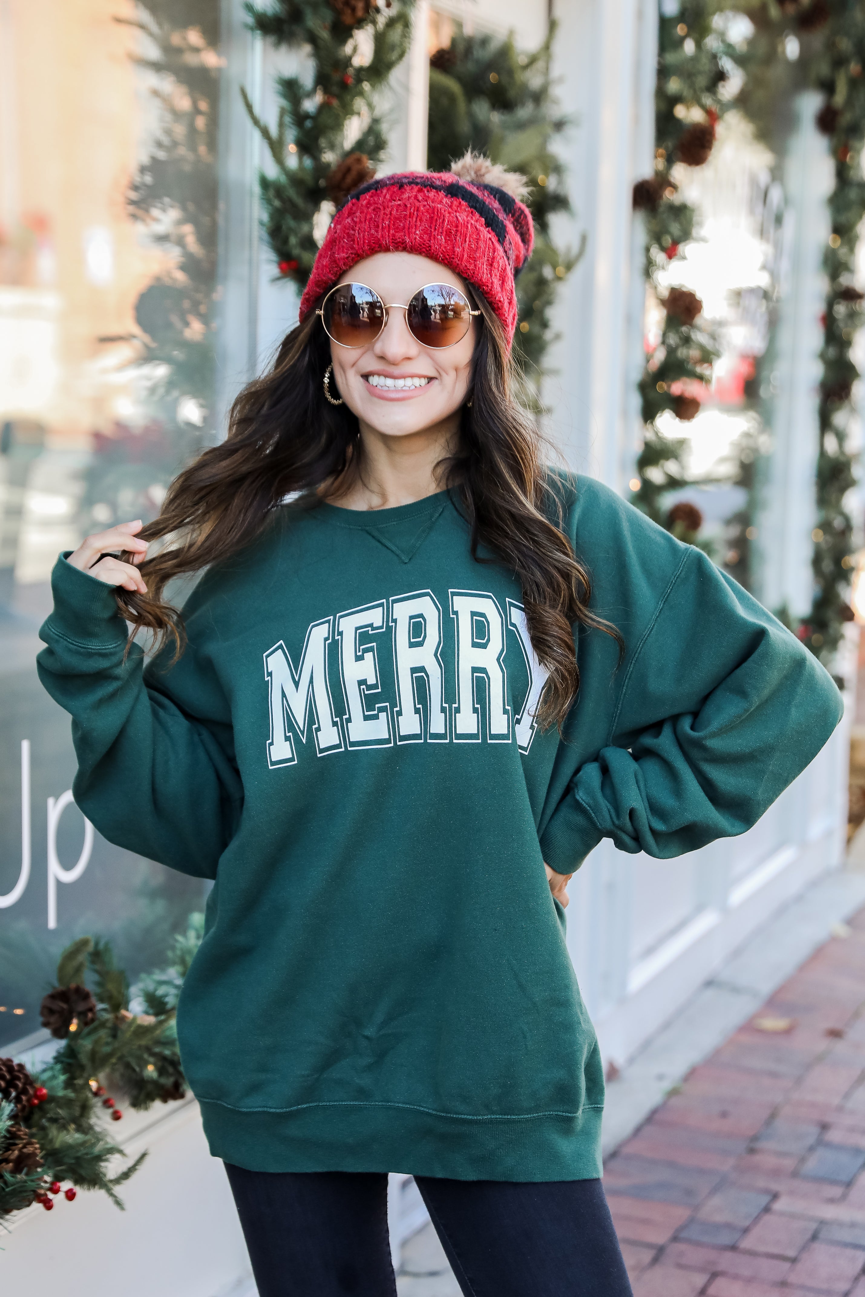 Hunter Green Merry Pullover. Christmas Graphic Sweatshirt. Trendy Christmas Sweatshirt