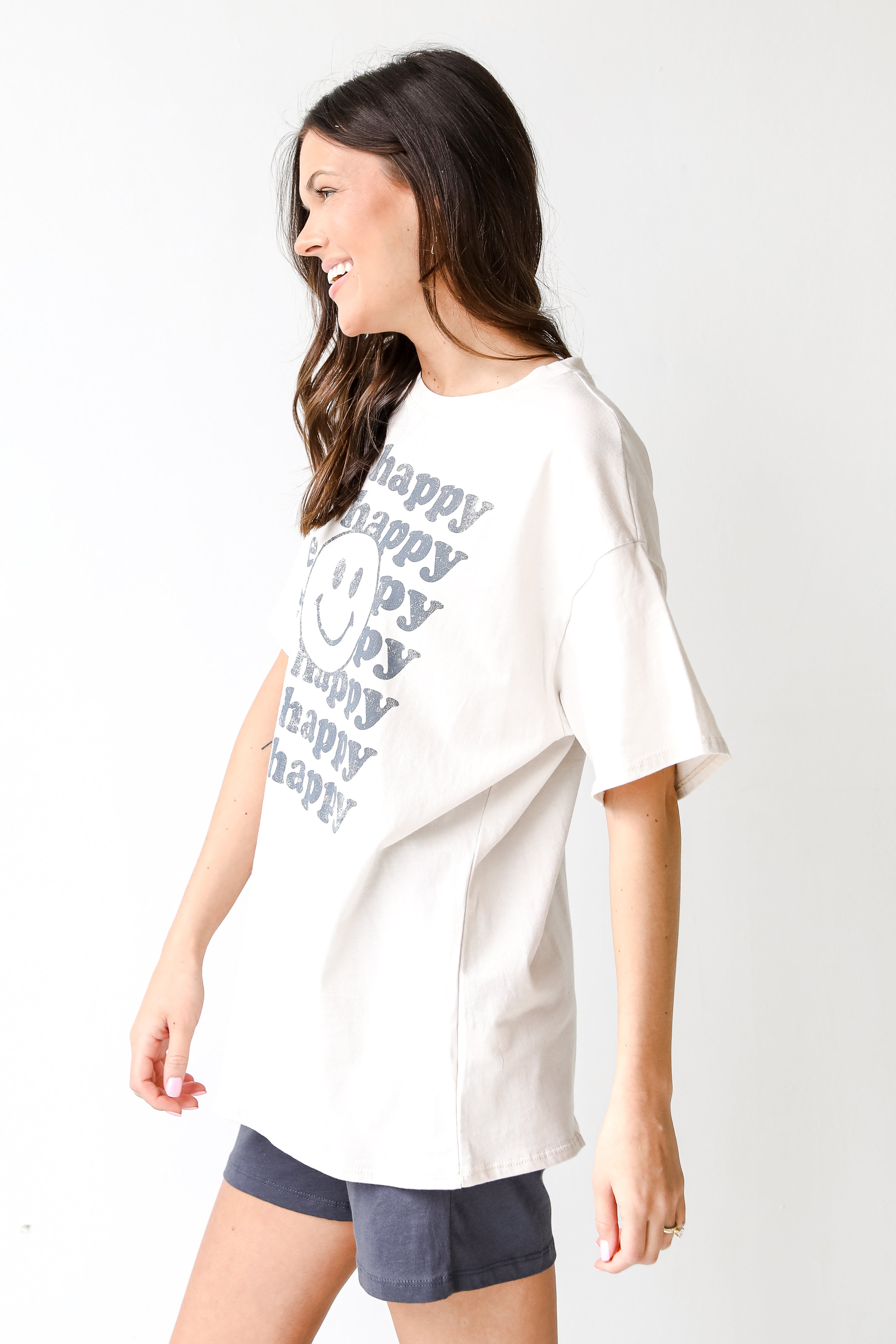 Be Happy Smiley Face Graphic Tee side view