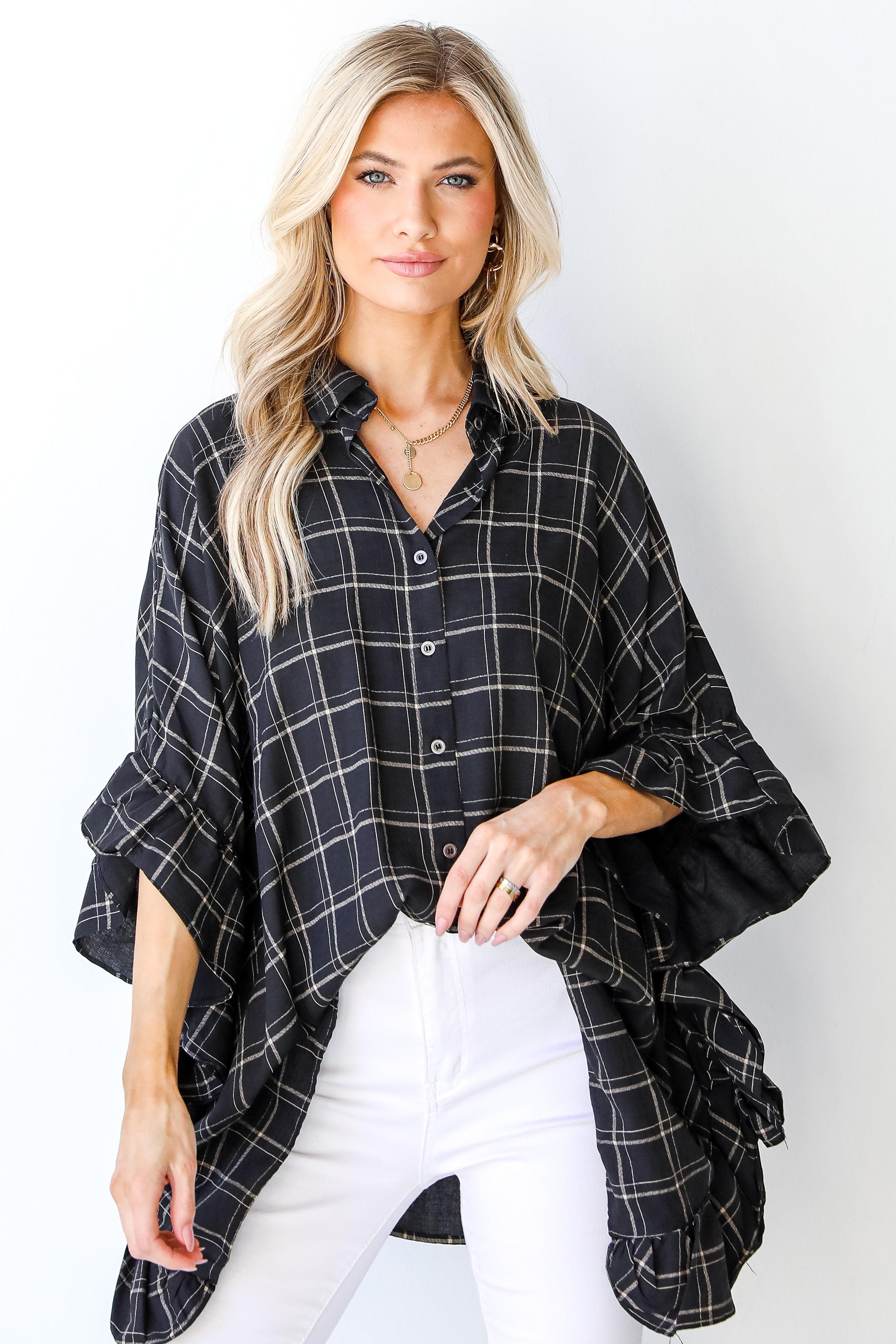 Plaid Oversized Ruffle Blouse
