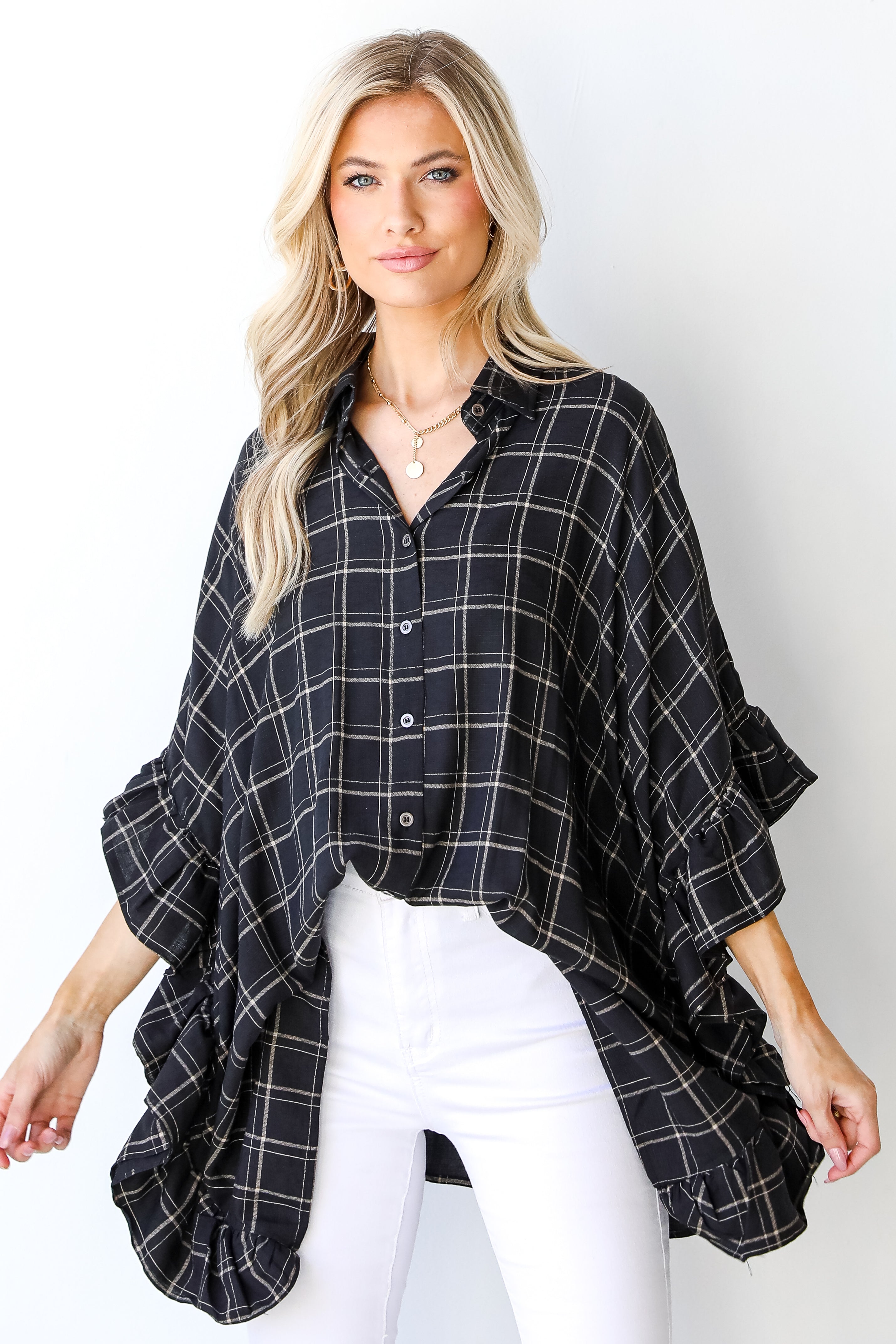 model wearing a Plaid Oversized Ruffle Blouse