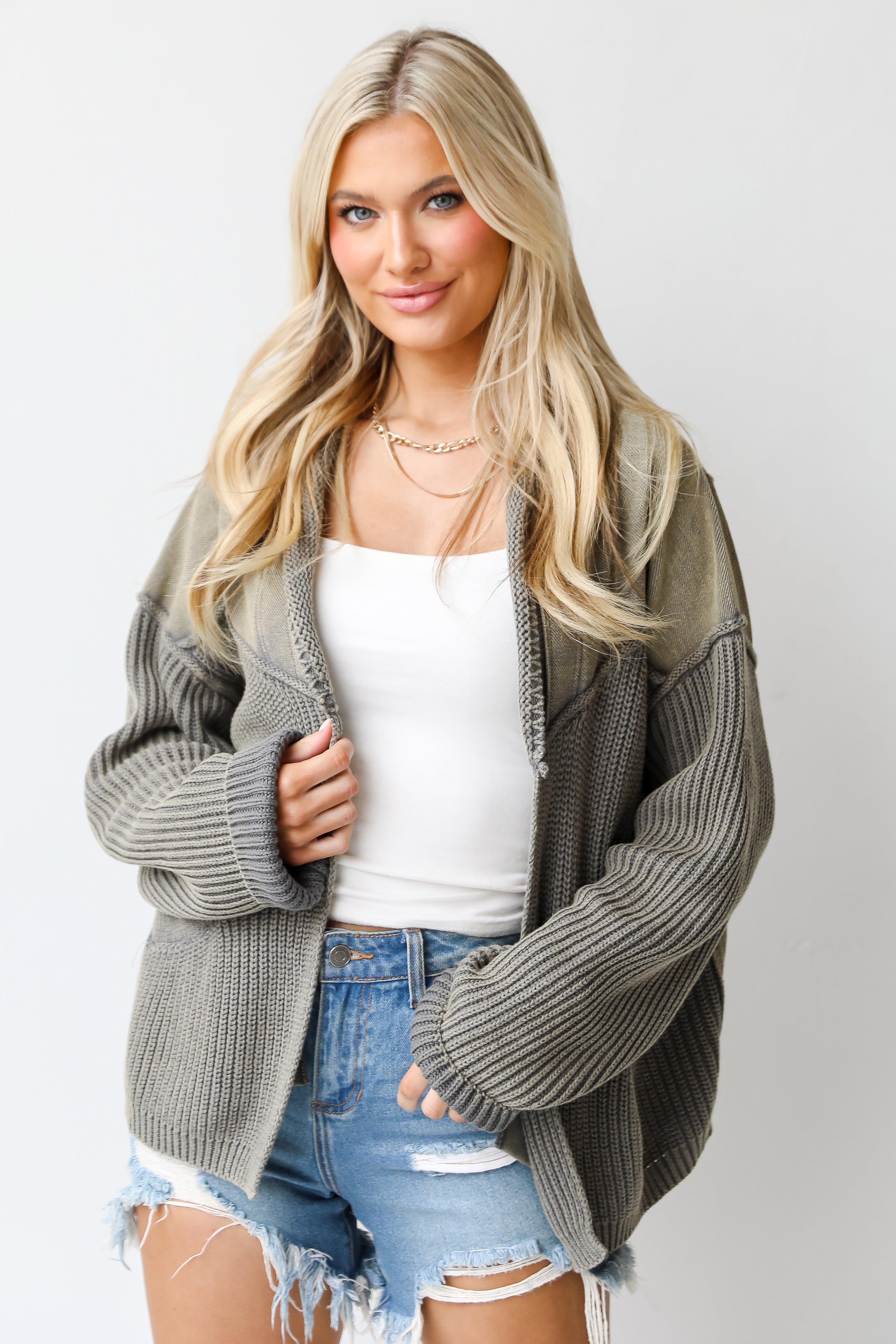 green sweater Cardigan front view