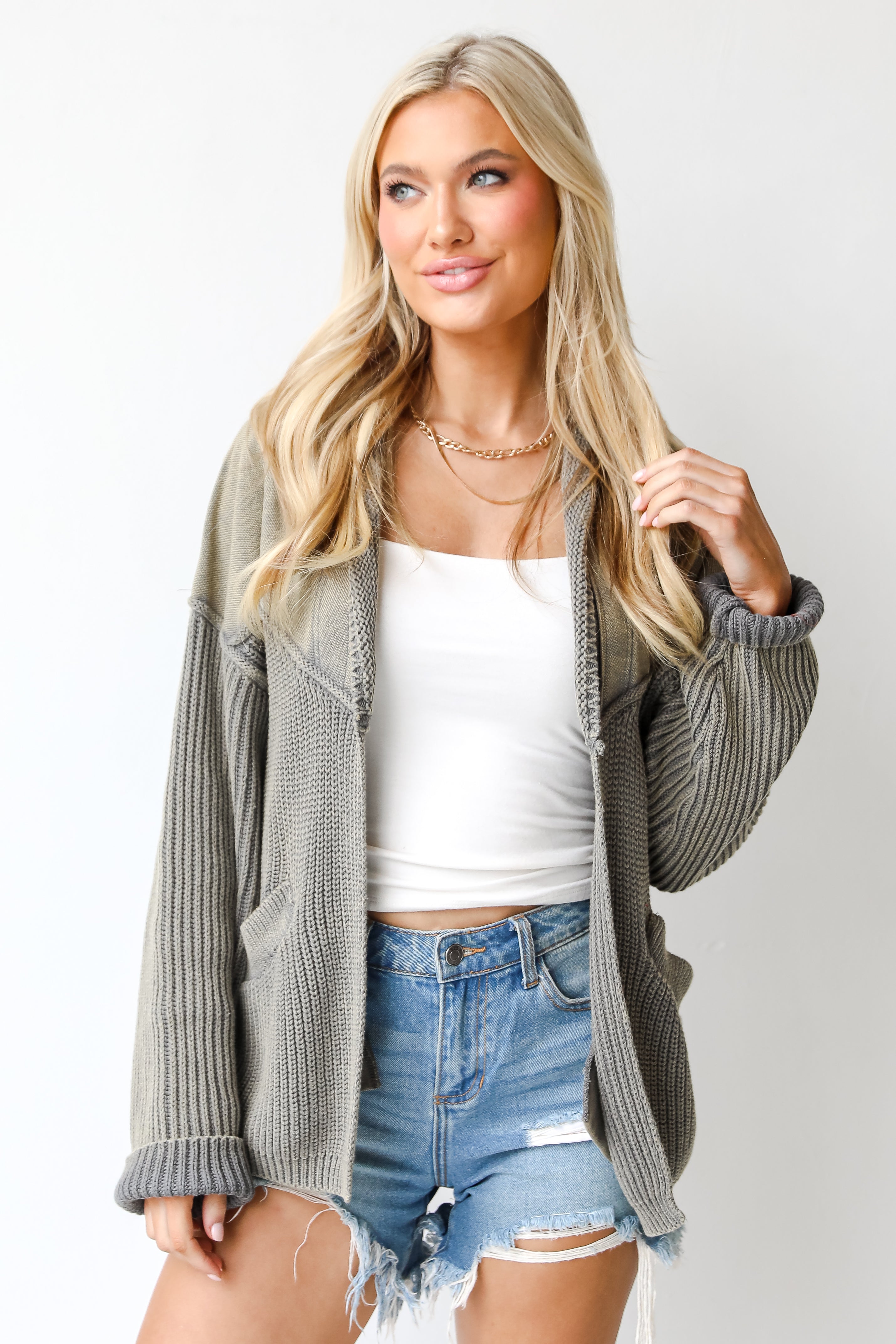 green sweater Cardigan on model
