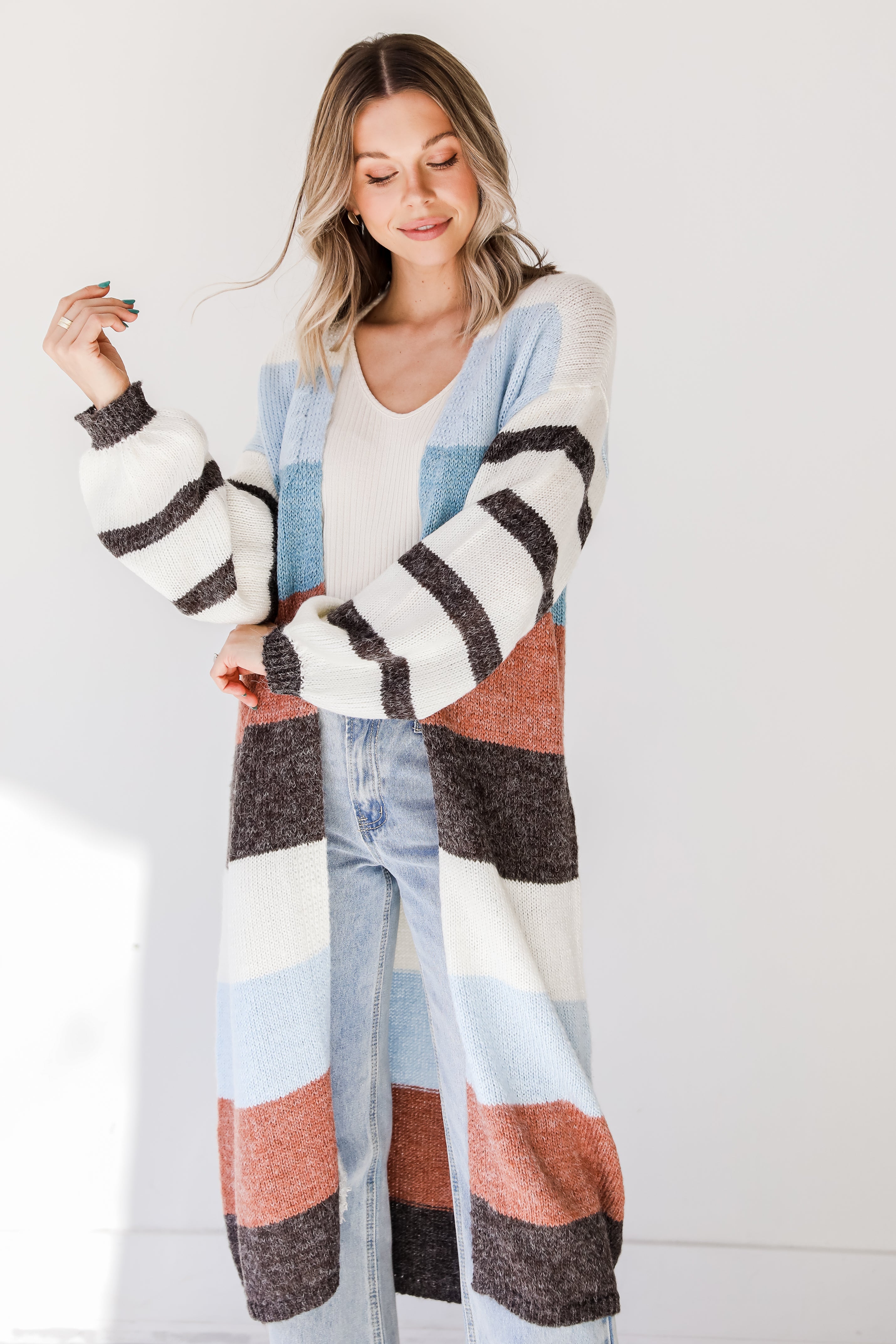 Cozy Striped Sweater Cardigan front view