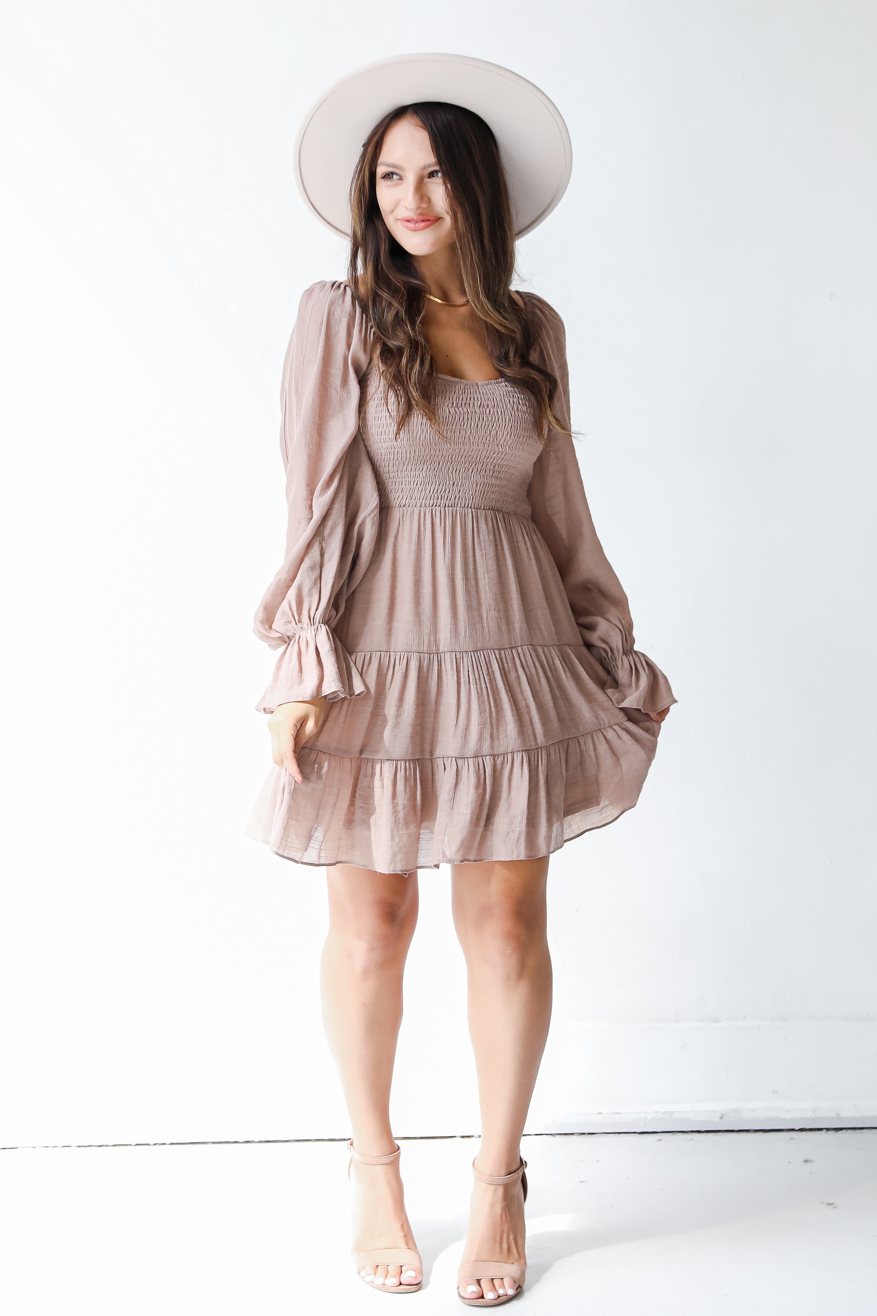 taupe smocked dress front view