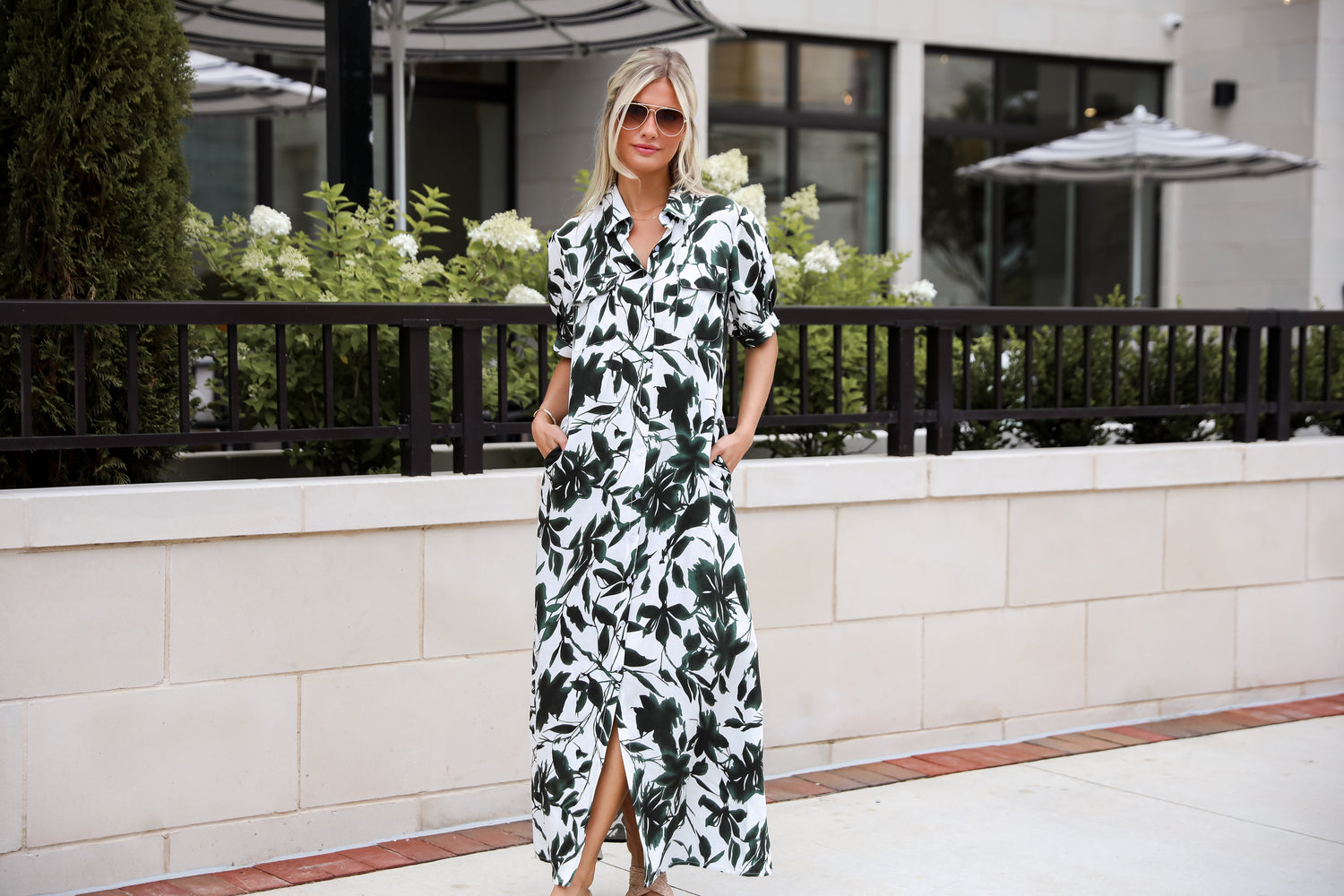 model wearing a floral maxi dress