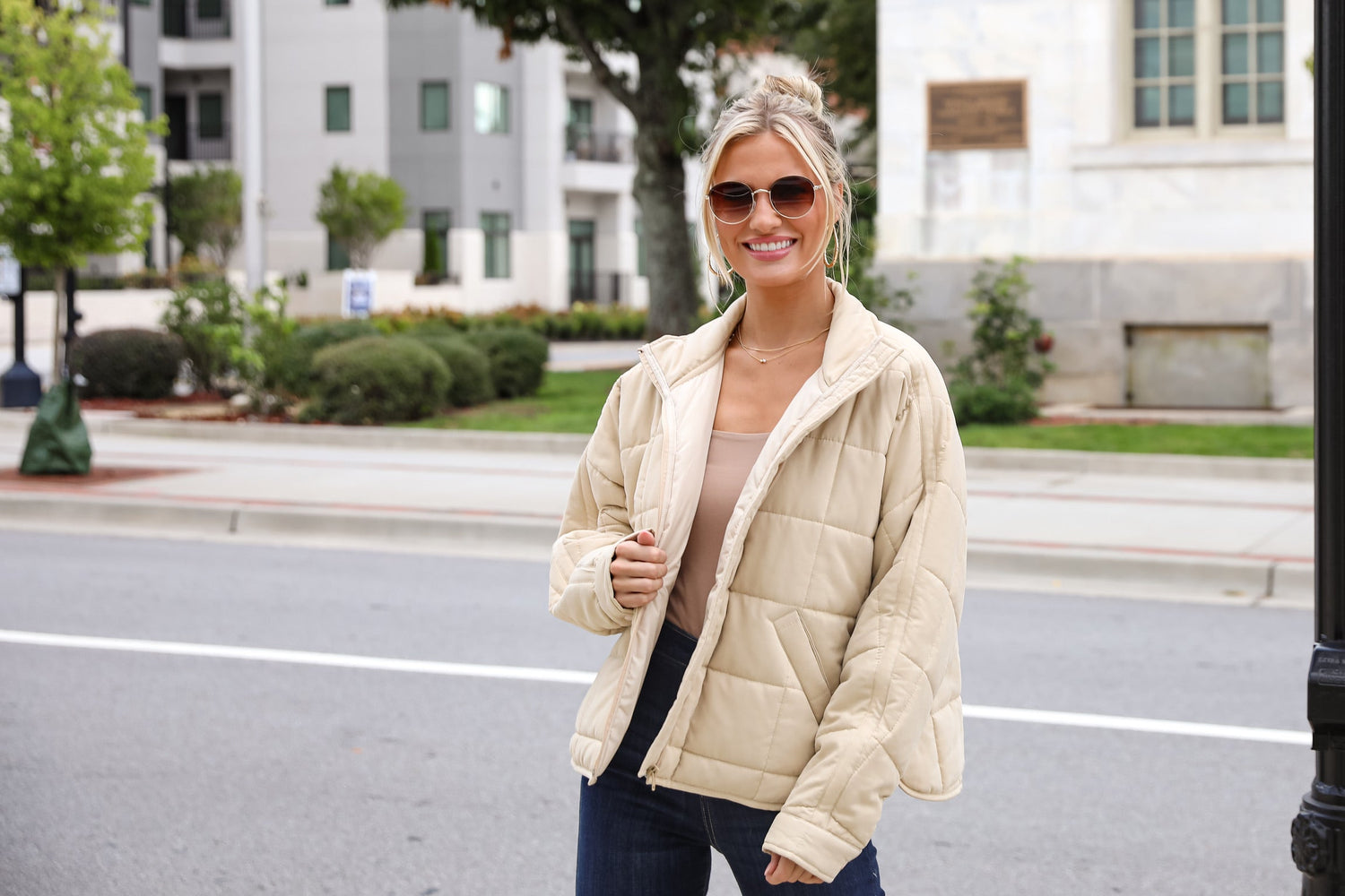 model wearing a cute quilted jacket